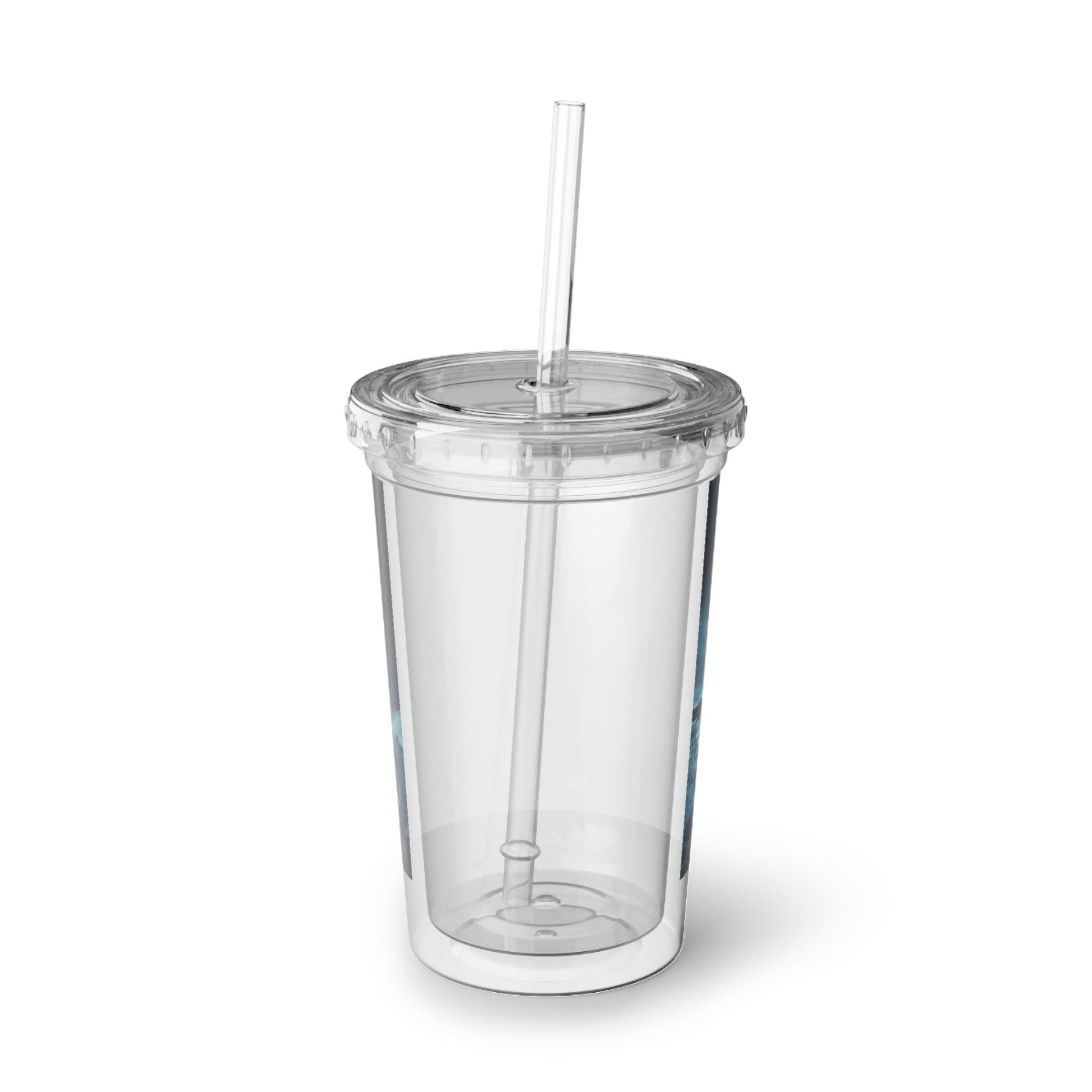 Galaxy Effects Suave Acrylic Cup showcasing a sleek stainless steel design with a black plastic screw-on cap and a straw.