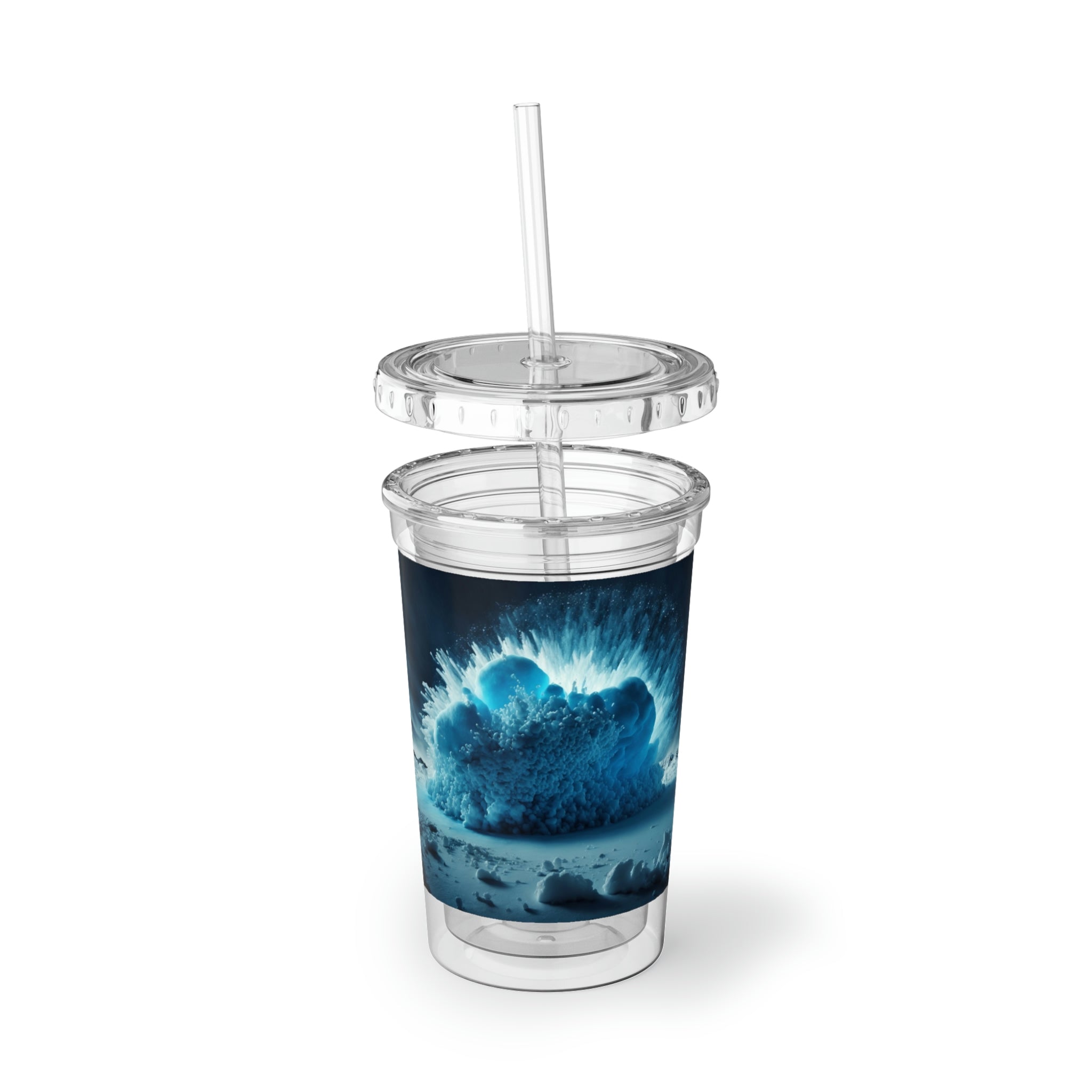 Galaxy Effects Suave Acrylic Cup showcasing a sleek stainless steel design with a black plastic screw-on cap and a straw.