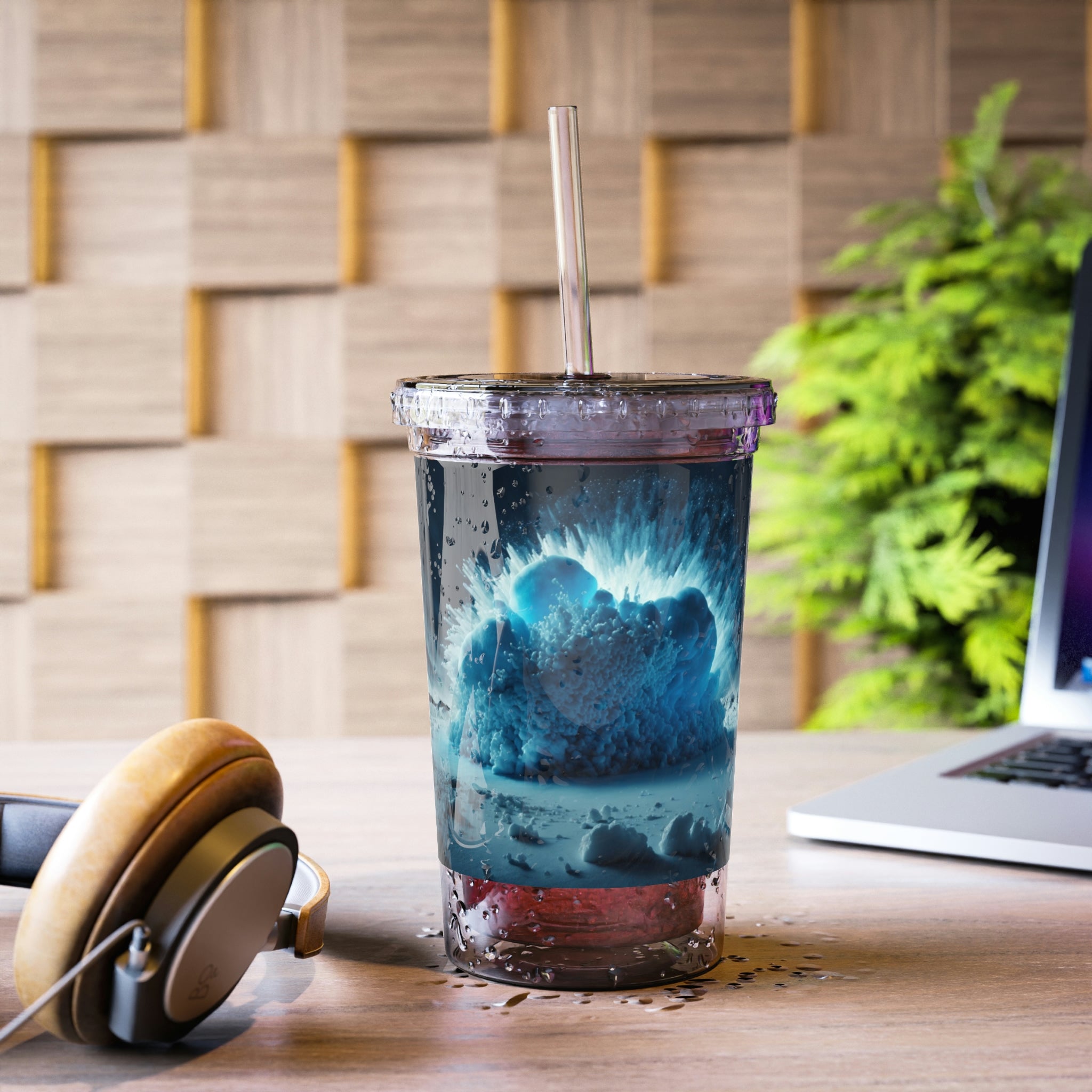 Galaxy Effects Suave Acrylic Cup showcasing a sleek stainless steel design with a black plastic screw-on cap and a straw.