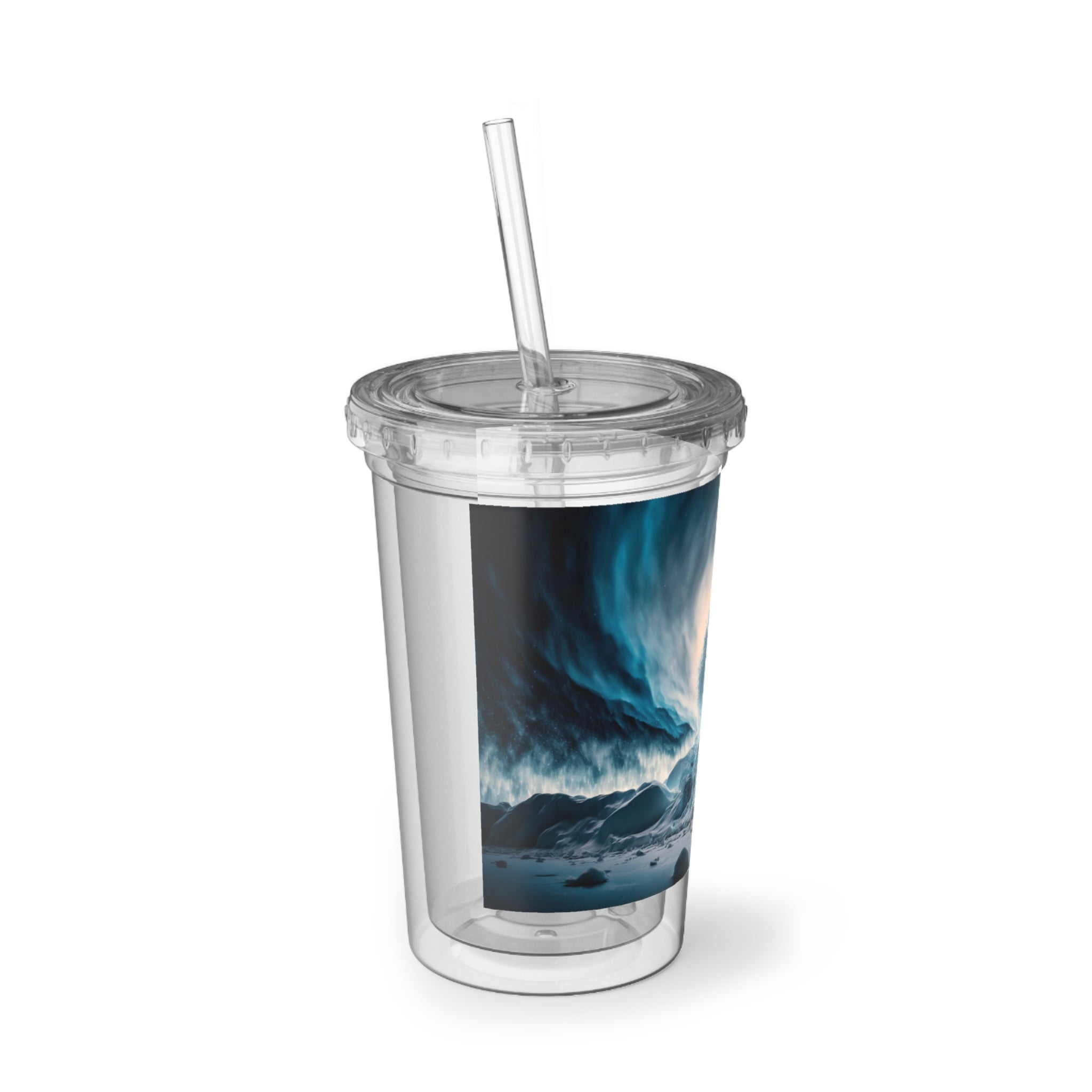 Galaxy Effects Suave Acrylic Cup with vibrant design and plastic straw, showcasing its stainless steel body and double insulation.