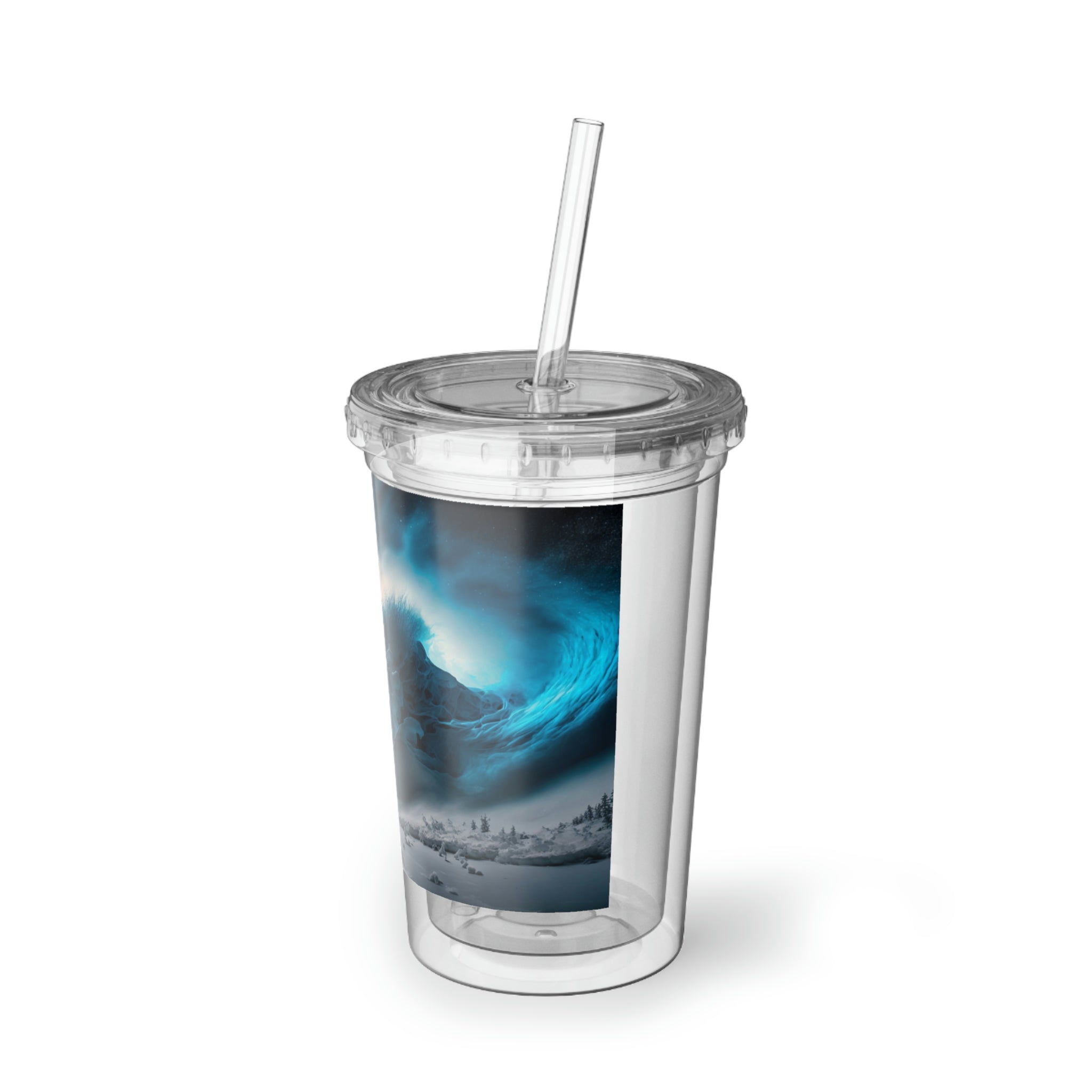 Galaxy Effects Suave Acrylic Cup with vibrant design and plastic straw, showcasing its stainless steel body and double insulation.