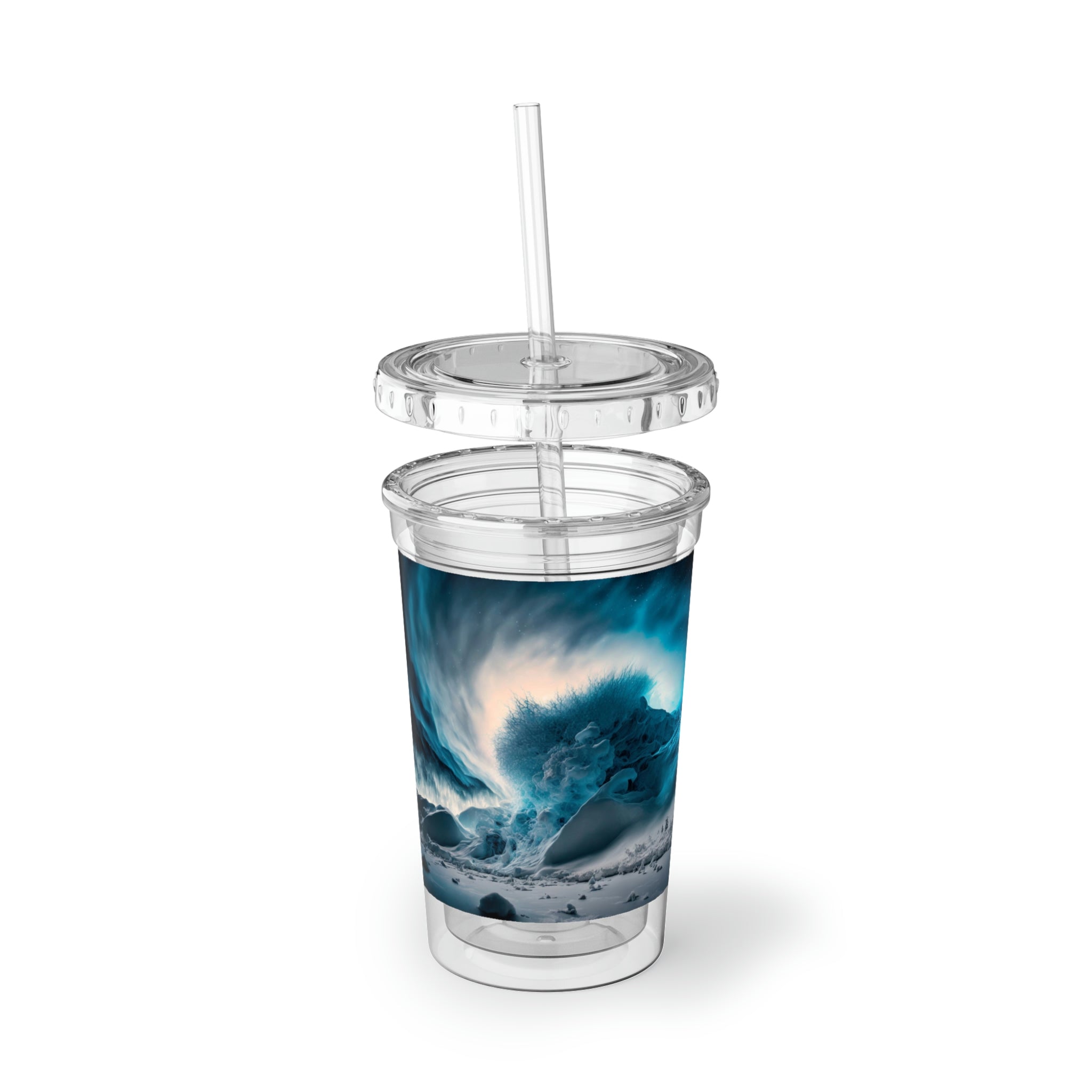 Galaxy Effects Suave Acrylic Cup with vibrant design and plastic straw, showcasing its stainless steel body and double insulation.