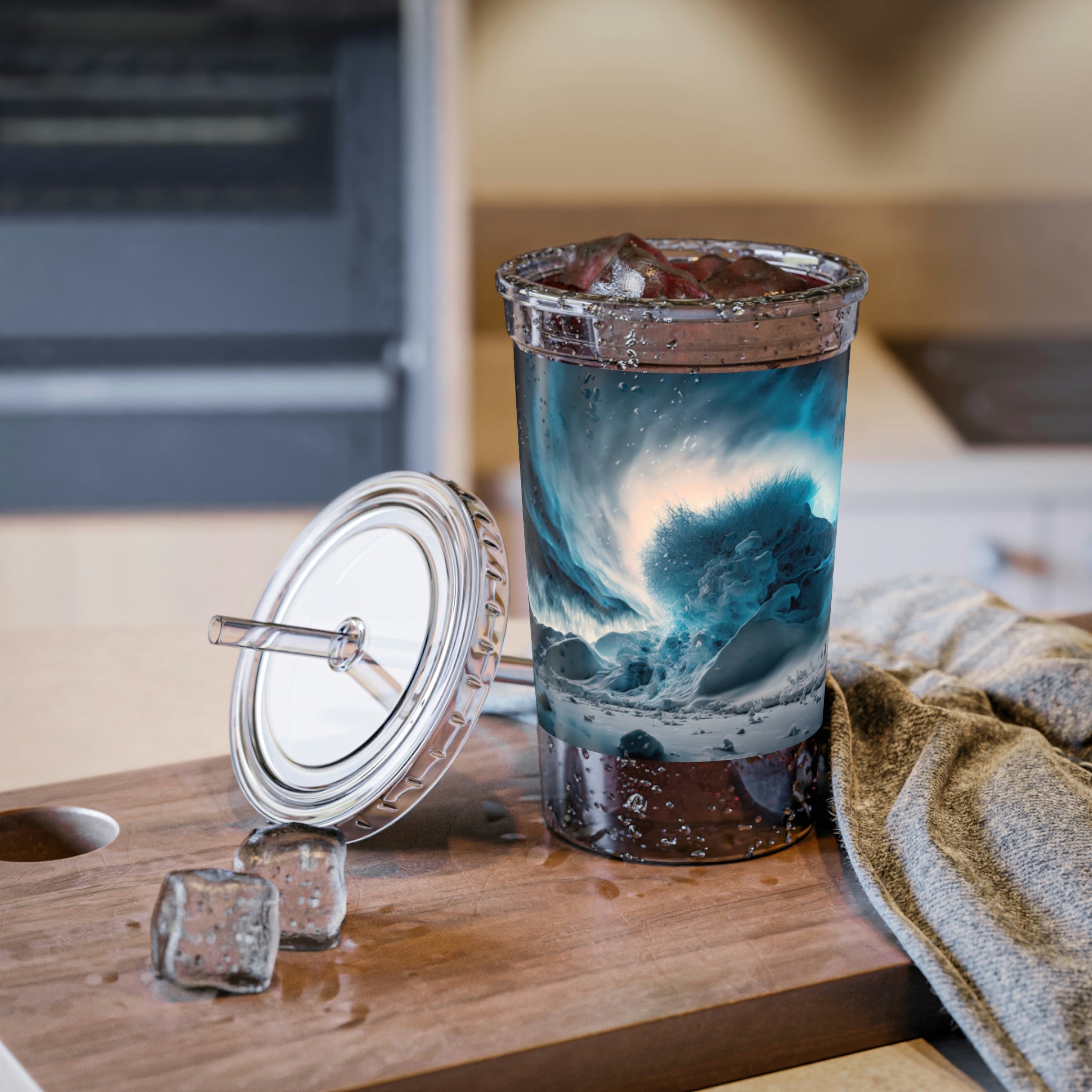 Galaxy Effects Suave Acrylic Cup with vibrant design and plastic straw, showcasing its stainless steel body and double insulation.