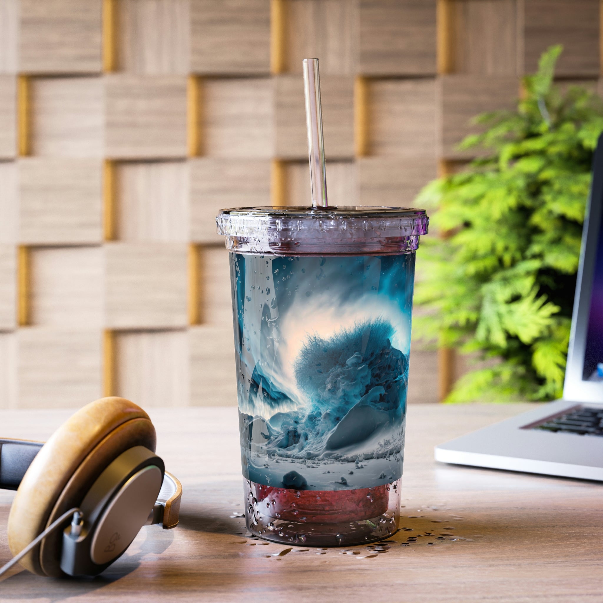 Galaxy Effects Suave Acrylic Cup with vibrant design and plastic straw, showcasing its stainless steel body and double insulation.