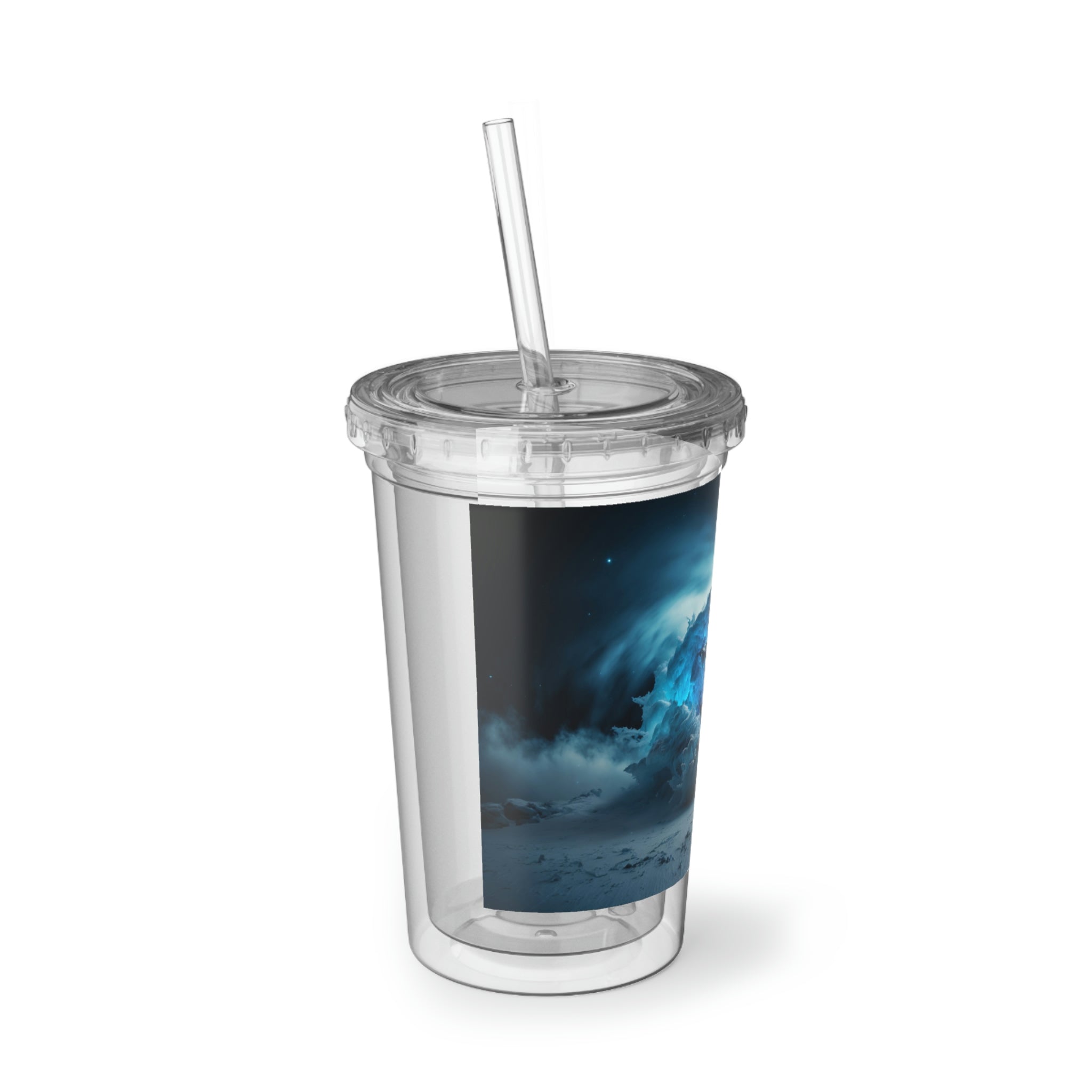 Galaxy Effects Suave Acrylic Cup with a sleek stainless steel design and a black screw-on cap, featuring a colorful custom print.