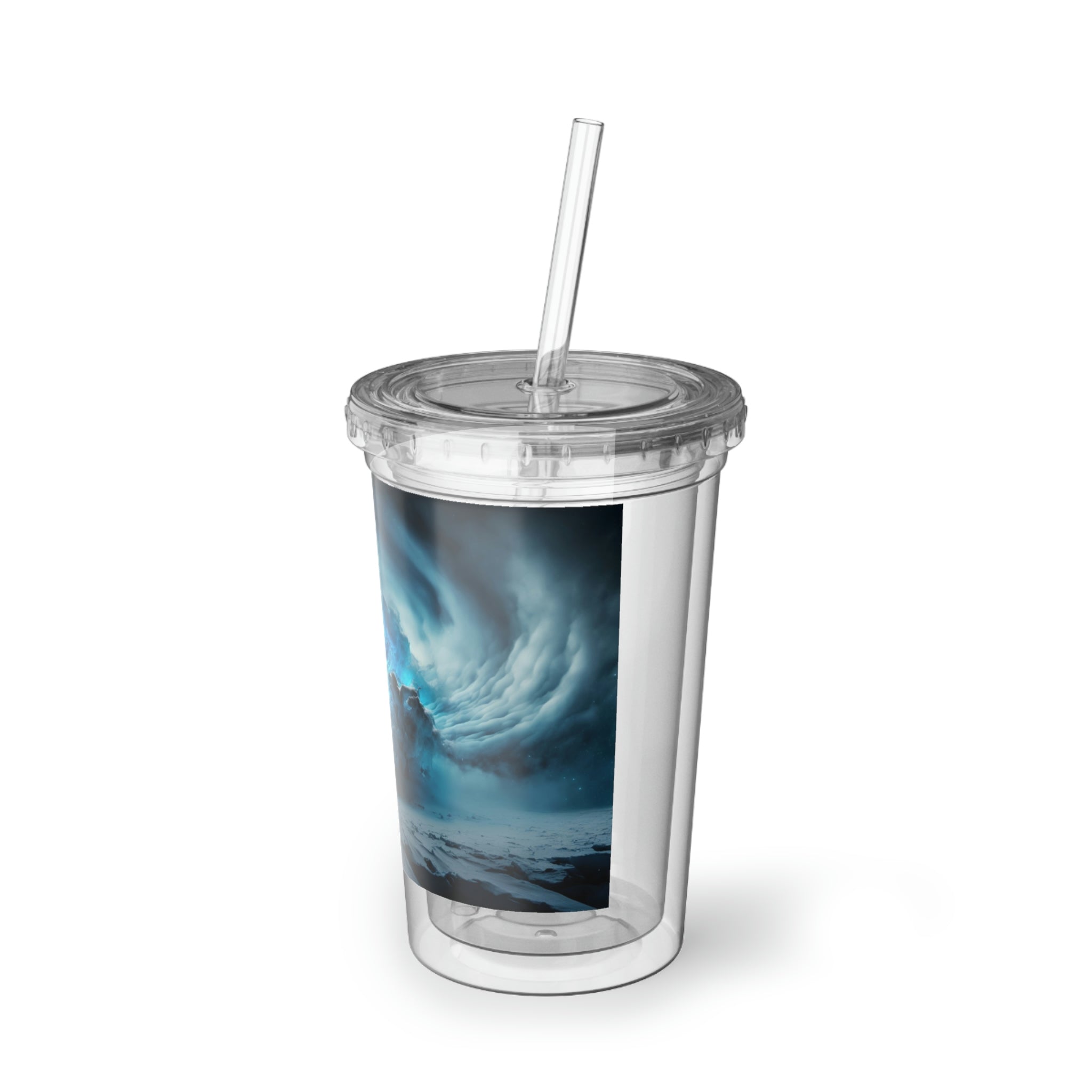 Galaxy Effects Suave Acrylic Cup with a sleek stainless steel design and a black screw-on cap, featuring a colorful custom print.