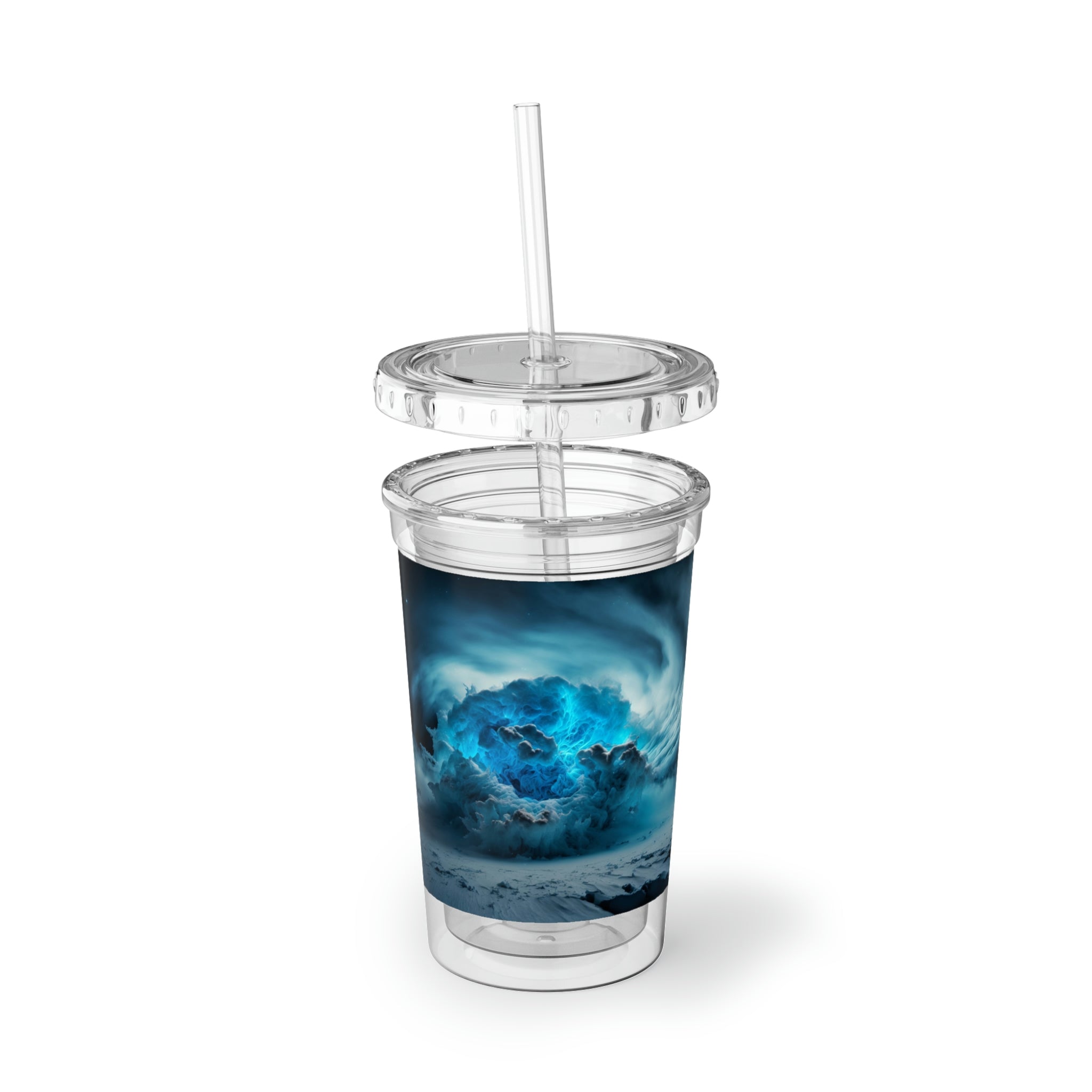 Galaxy Effects Suave Acrylic Cup with a sleek stainless steel design and a black screw-on cap, featuring a colorful custom print.