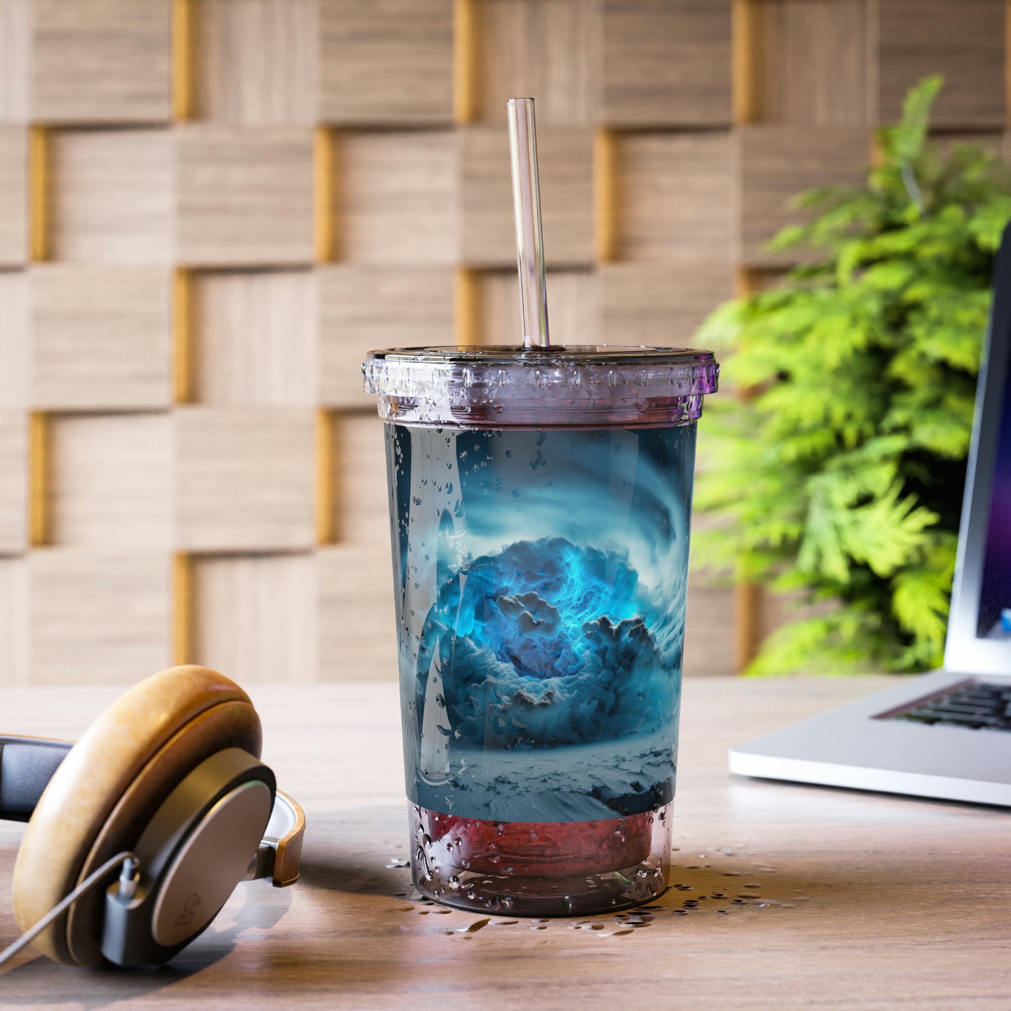 Galaxy Effects Suave Acrylic Cup with a sleek stainless steel design and a black screw-on cap, featuring a colorful custom print.