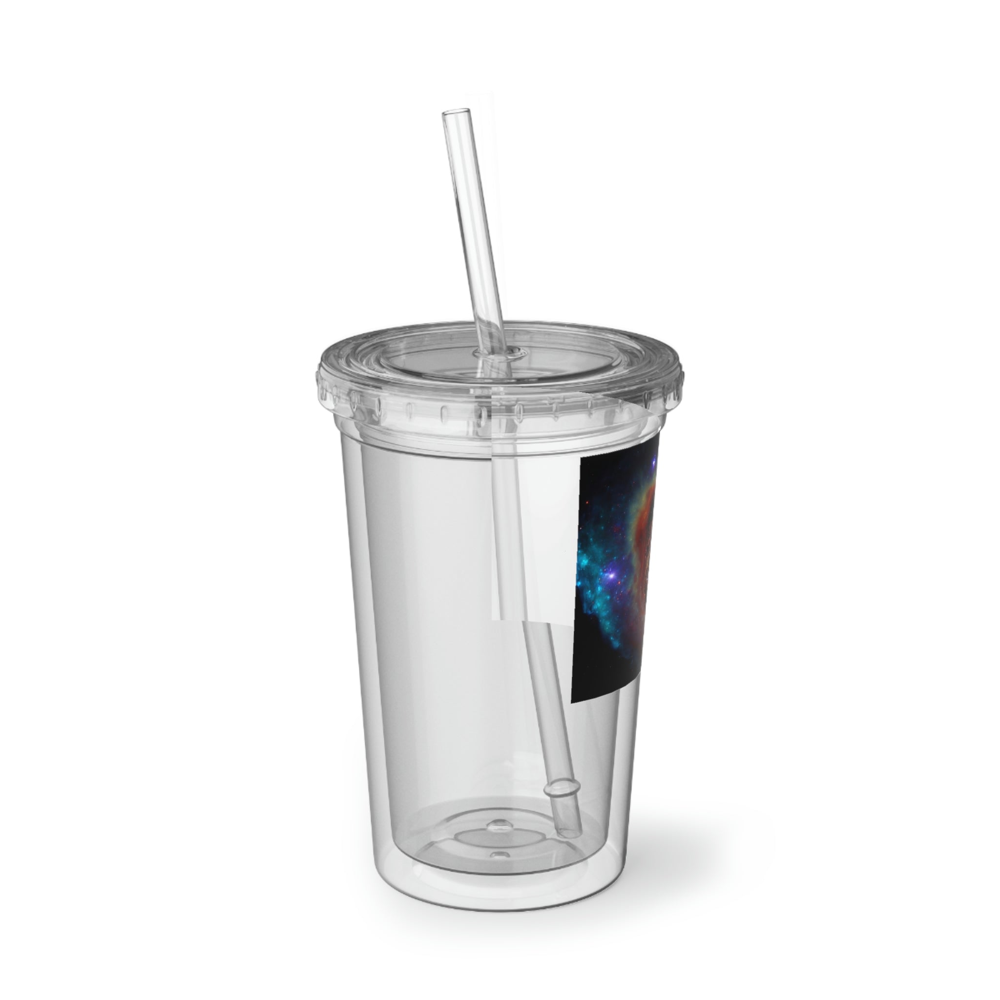 Galaxy Effects Suave Acrylic Cup in stainless steel with a black cap and straw, showcasing a vibrant custom design.