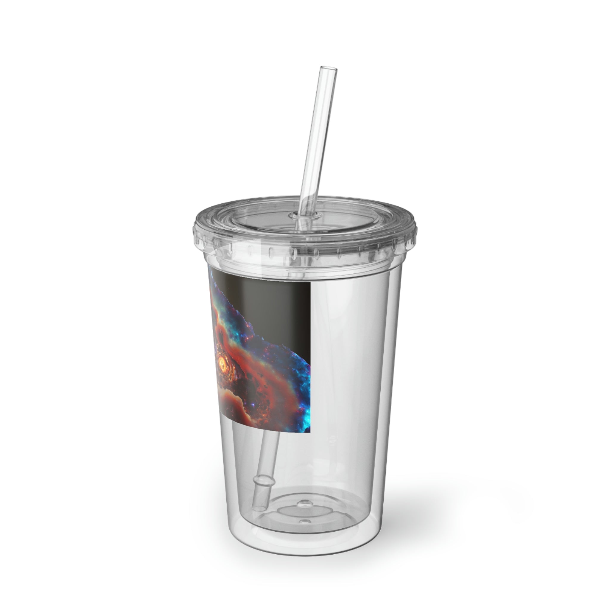 Galaxy Effects Suave Acrylic Cup in stainless steel with a black cap and straw, showcasing a vibrant custom design.