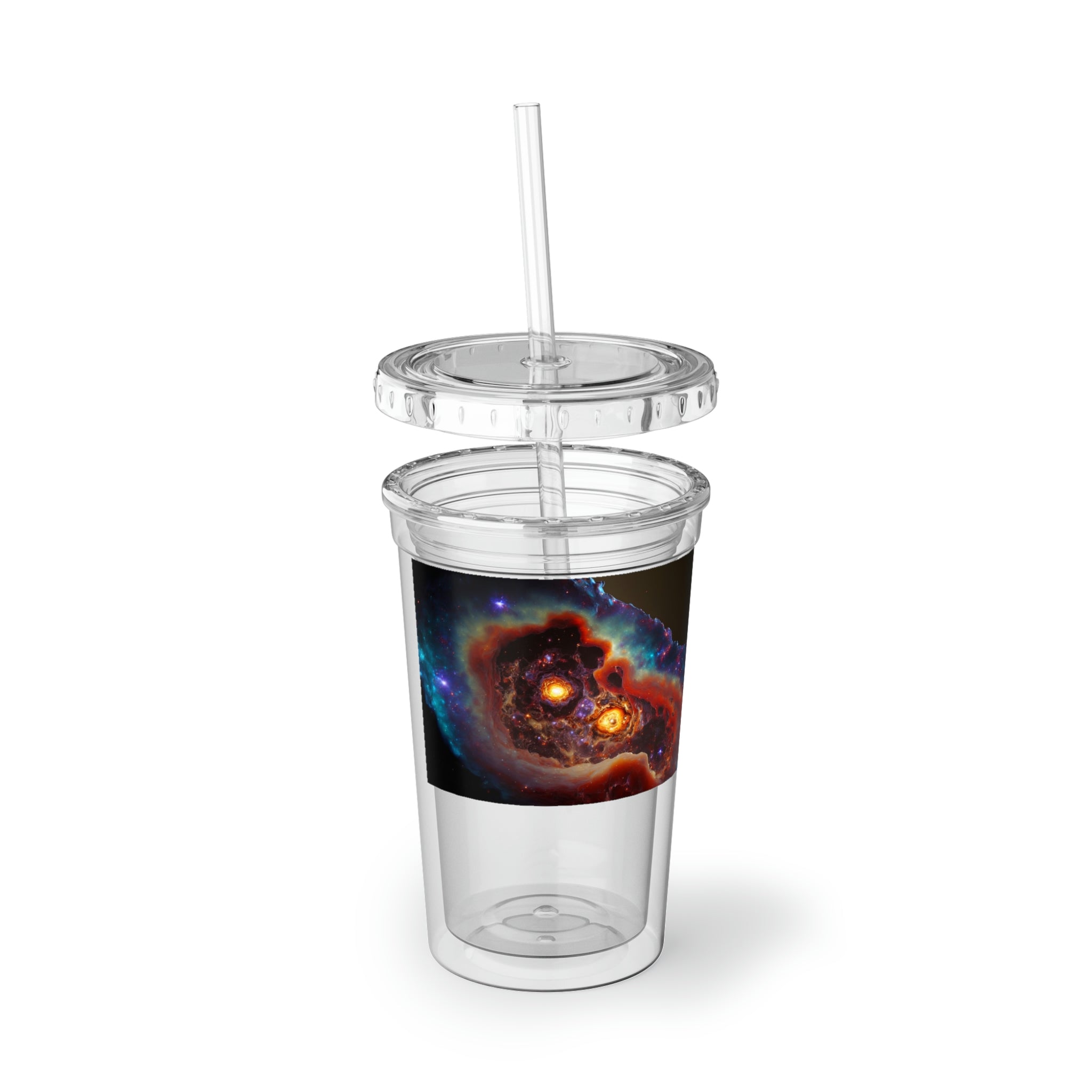 Galaxy Effects Suave Acrylic Cup in stainless steel with a black cap and straw, showcasing a vibrant custom design.