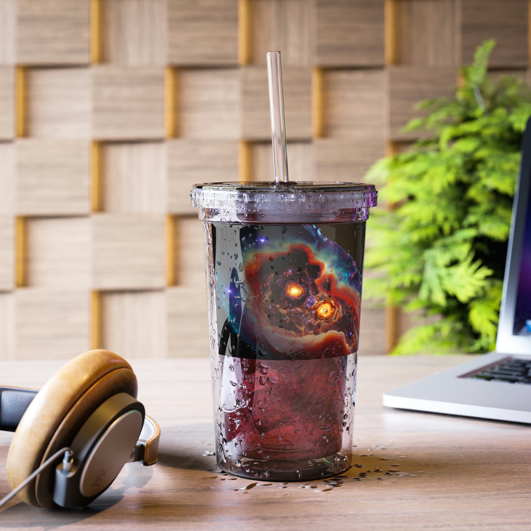 Galaxy Effects Suave Acrylic Cup in stainless steel with a black cap and straw, showcasing a vibrant custom design.