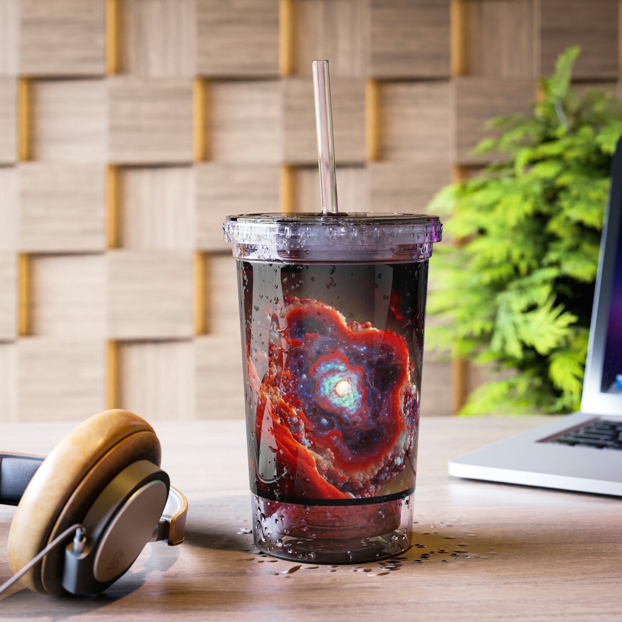 Galaxy Effects Suave Acrylic Cup with vibrant design, stainless steel body, and included straw.