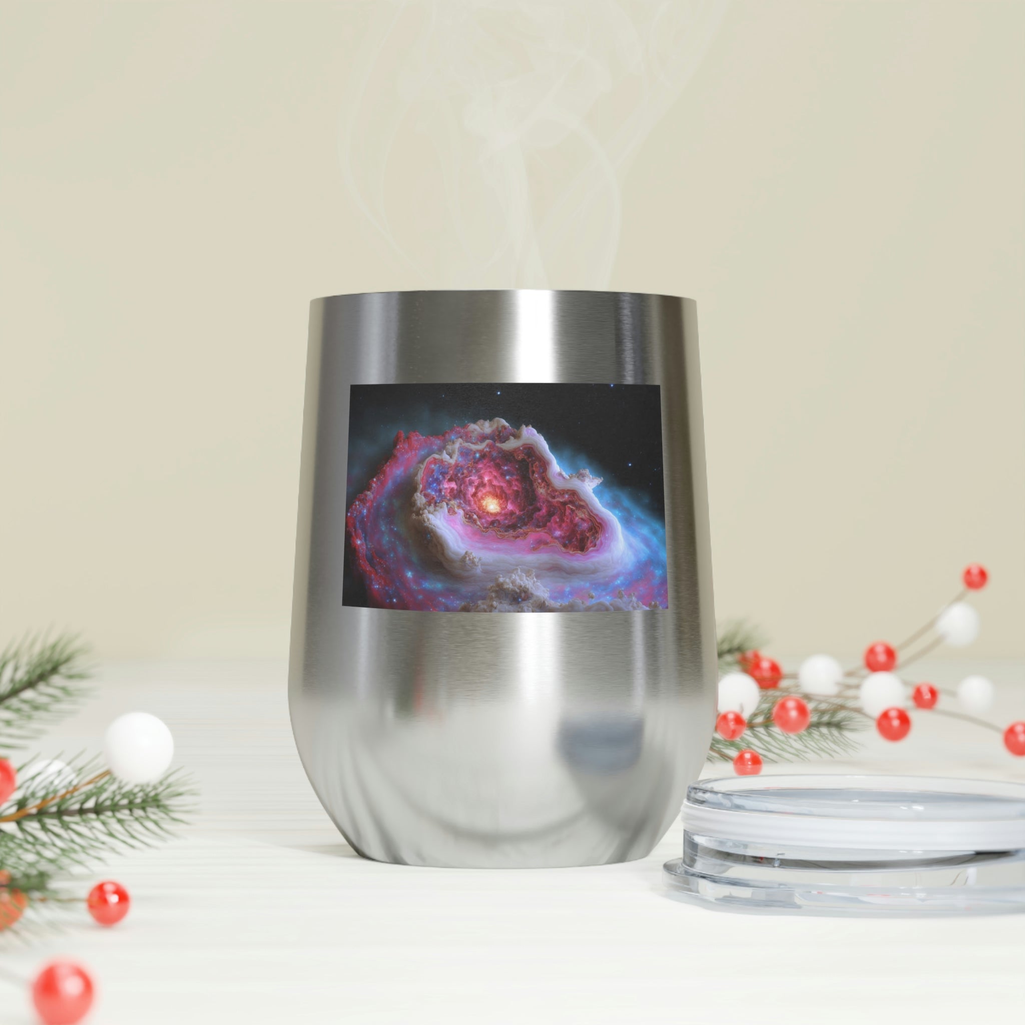 Galaxy Effects Wine Tumbler with a stunning galaxy design, featuring a clear plastic lid and double-wall insulation.