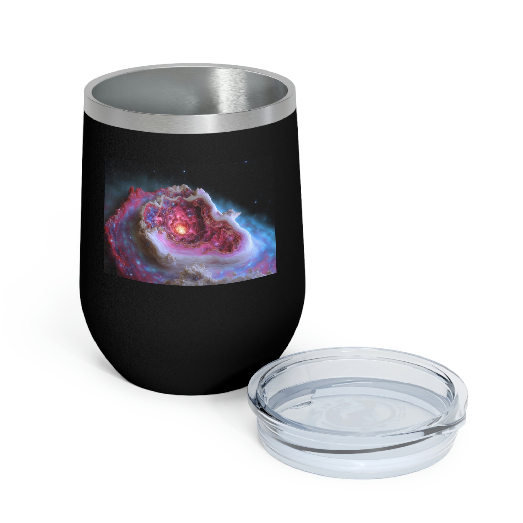 Galaxy Effects Wine Tumbler with a stunning galaxy design, featuring a clear plastic lid and double-wall insulation.