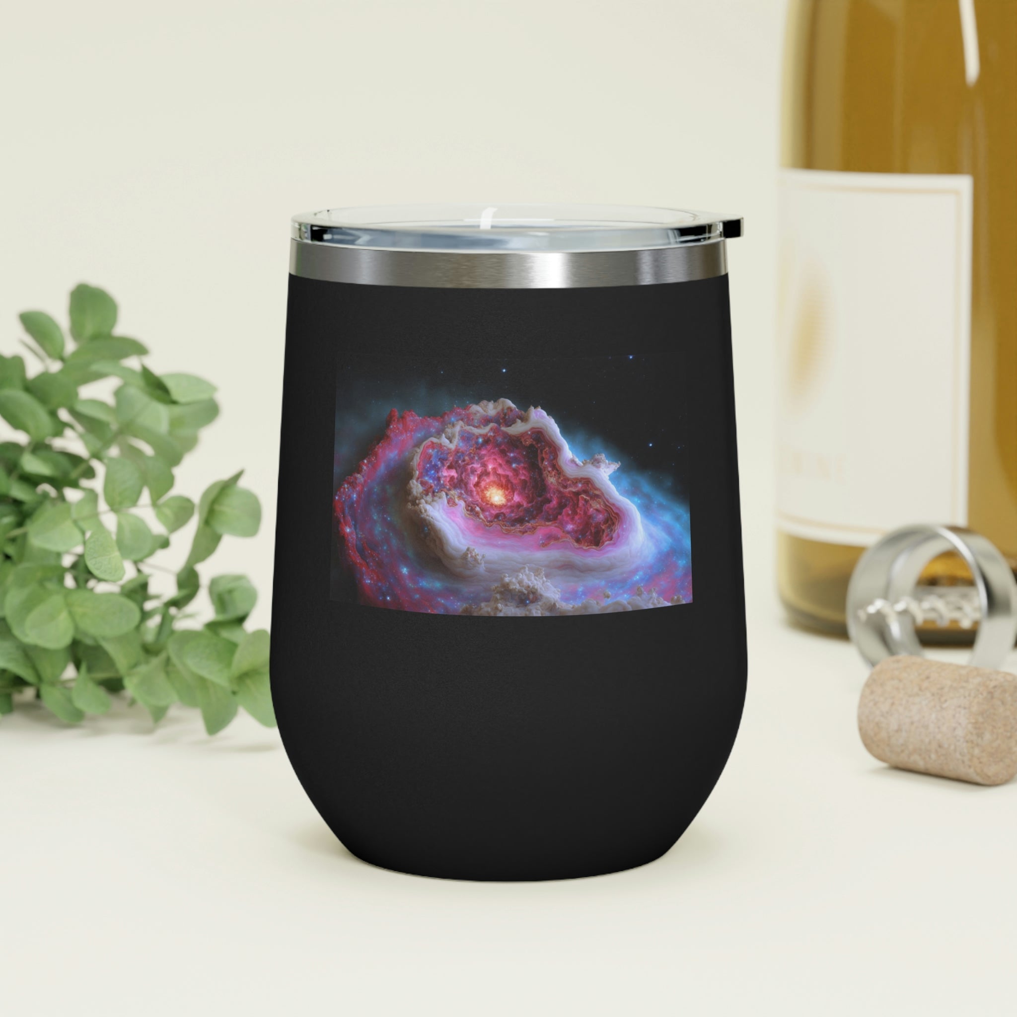 Galaxy Effects Wine Tumbler with a stunning galaxy design, featuring a clear plastic lid and double-wall insulation.