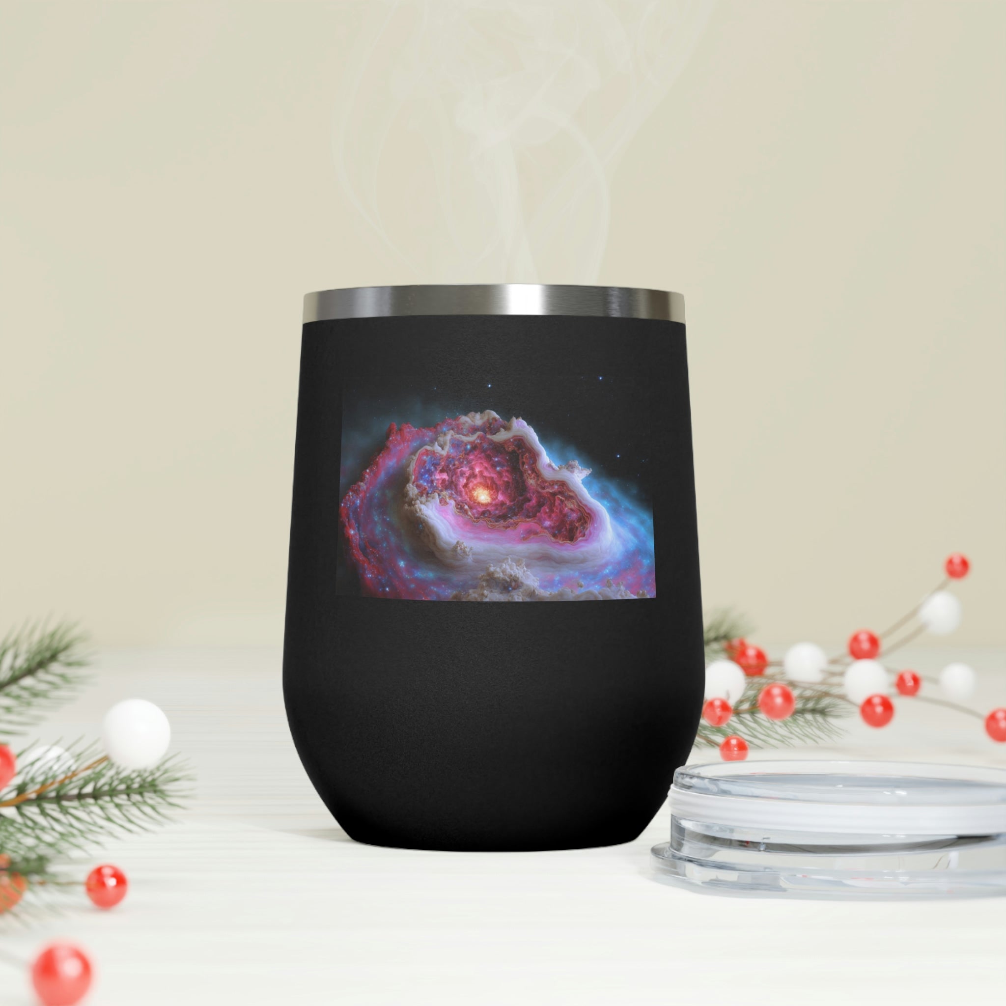 Galaxy Effects Wine Tumbler with a stunning galaxy design, featuring a clear plastic lid and double-wall insulation.