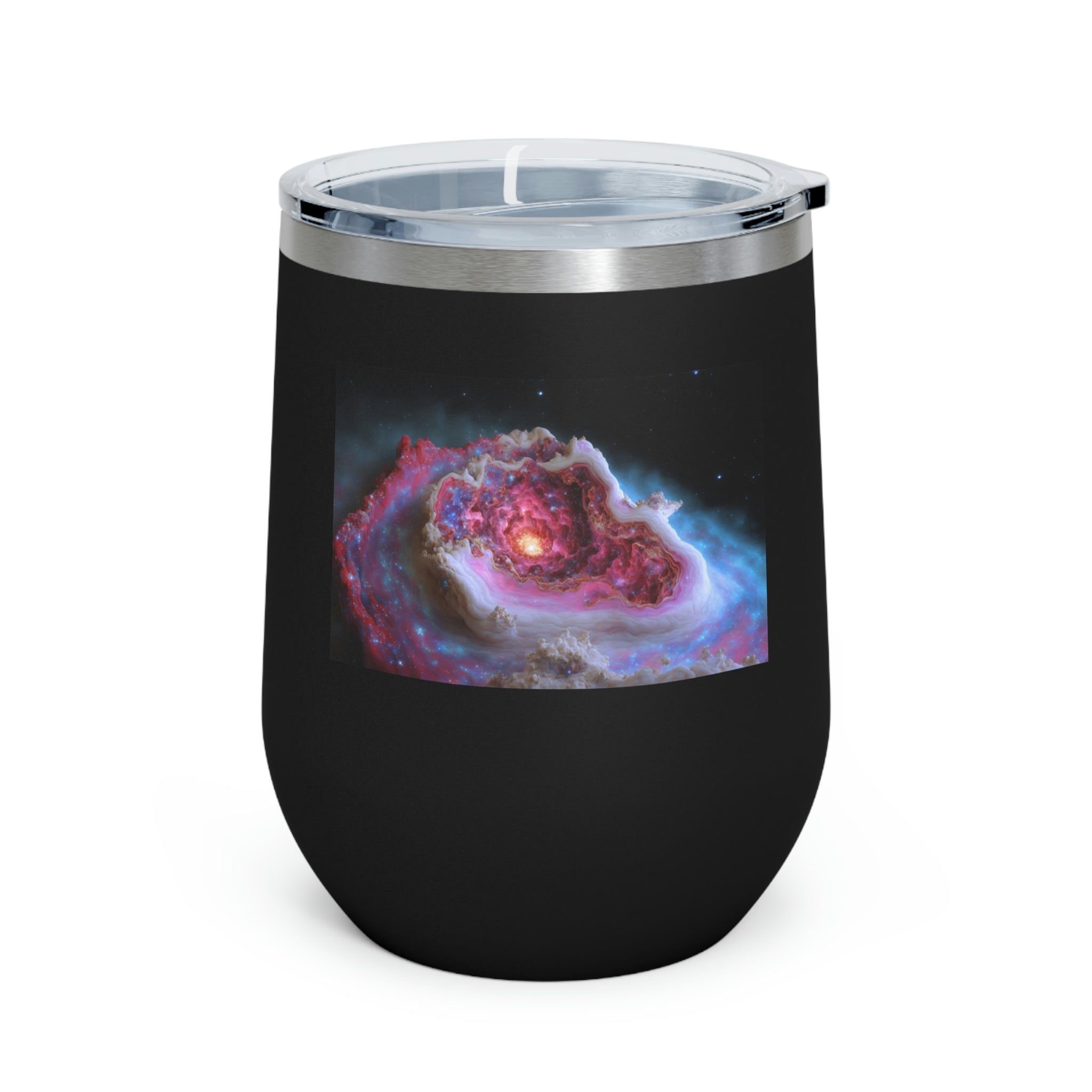 Galaxy Effects Wine Tumbler with a stunning galaxy design, featuring a clear plastic lid and double-wall insulation.