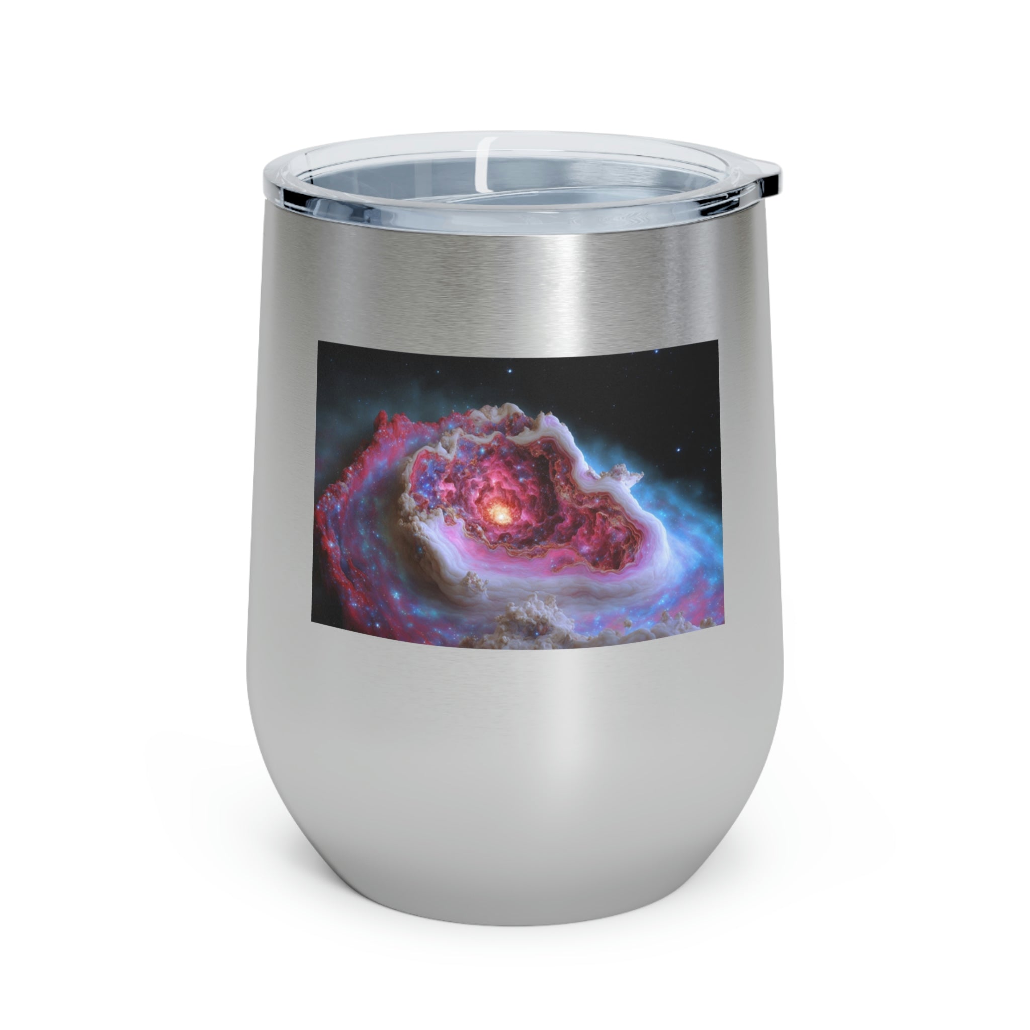 Galaxy Effects Wine Tumbler with a stunning galaxy design, featuring a clear plastic lid and double-wall insulation.