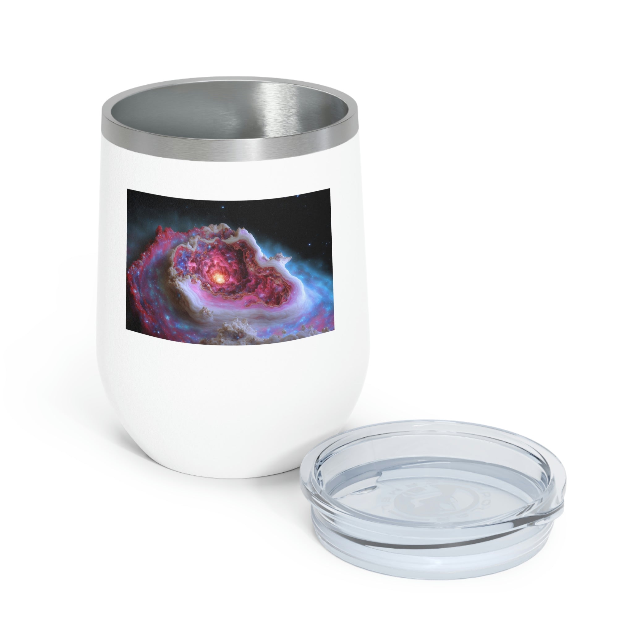 Galaxy Effects Wine Tumbler with a stunning galaxy design, featuring a clear plastic lid and double-wall insulation.