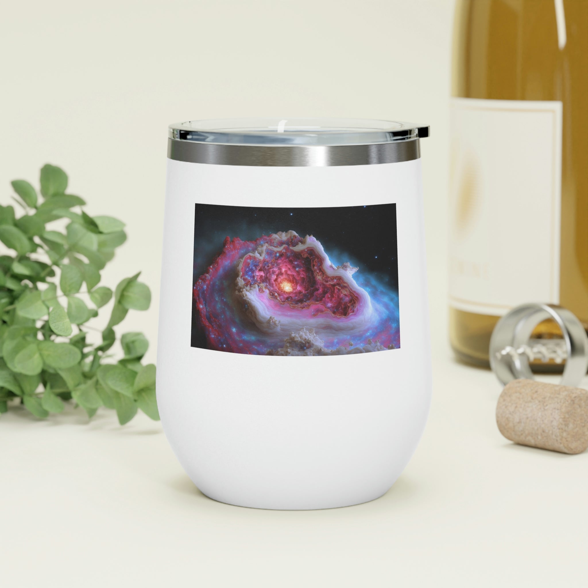 Galaxy Effects Wine Tumbler with a stunning galaxy design, featuring a clear plastic lid and double-wall insulation.