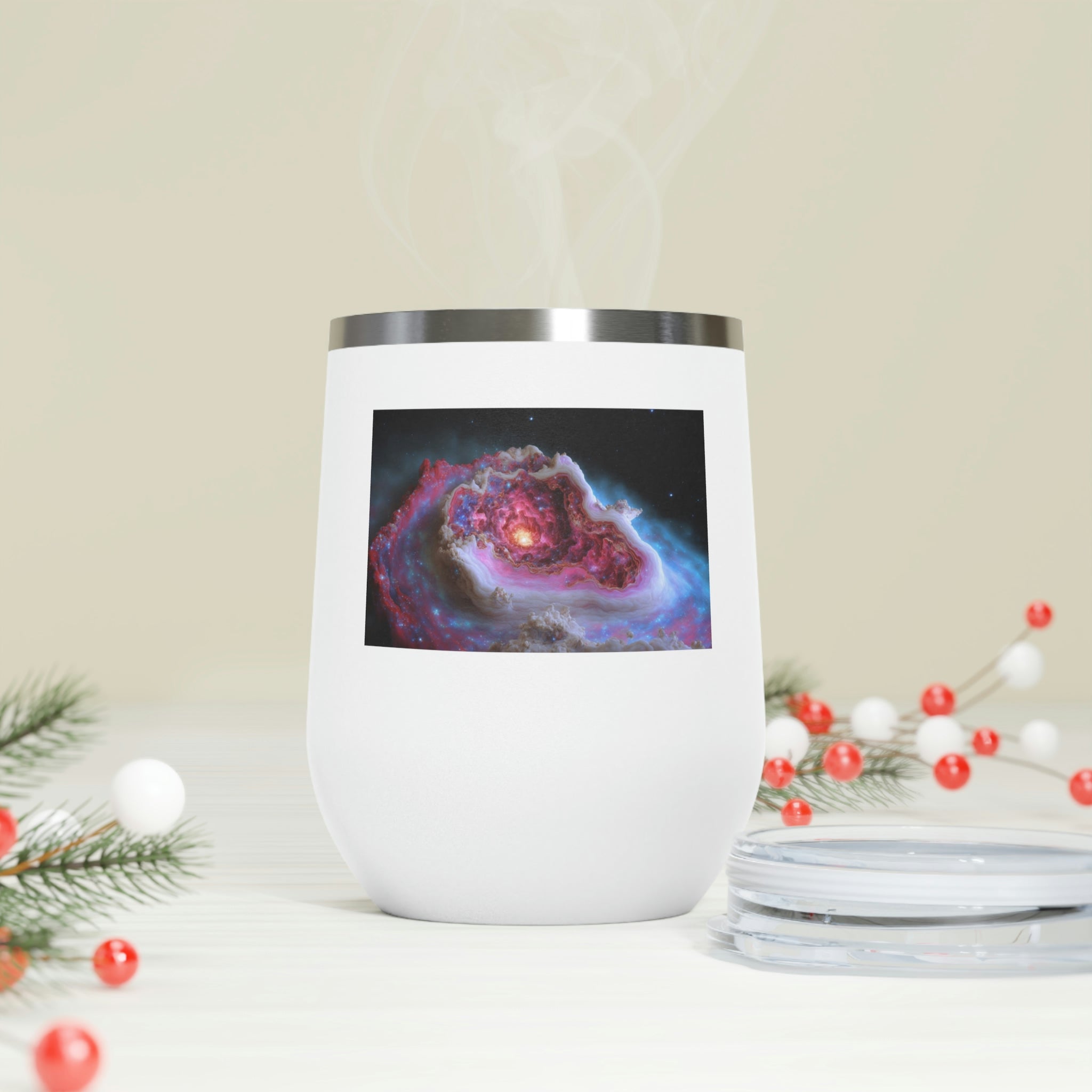 Galaxy Effects Wine Tumbler with a stunning galaxy design, featuring a clear plastic lid and double-wall insulation.