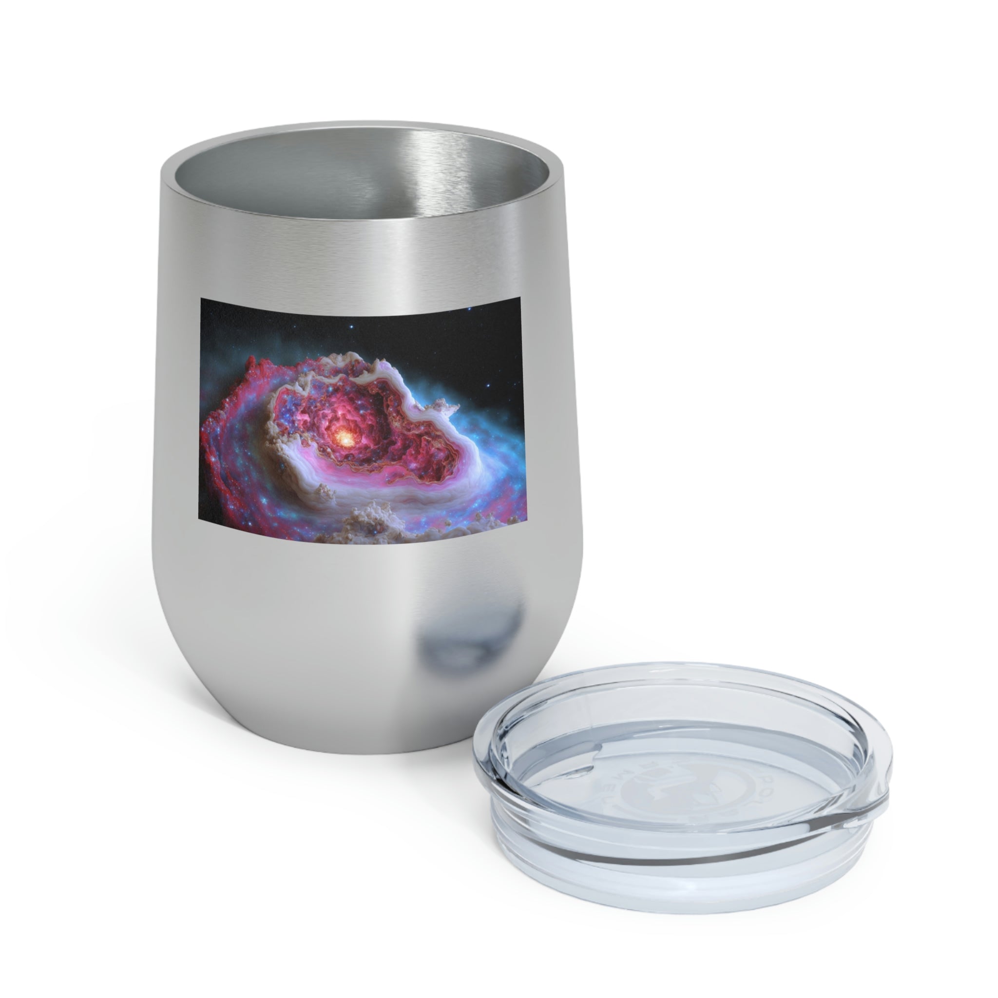 Galaxy Effects Wine Tumbler with a stunning galaxy design, featuring a clear plastic lid and double-wall insulation.