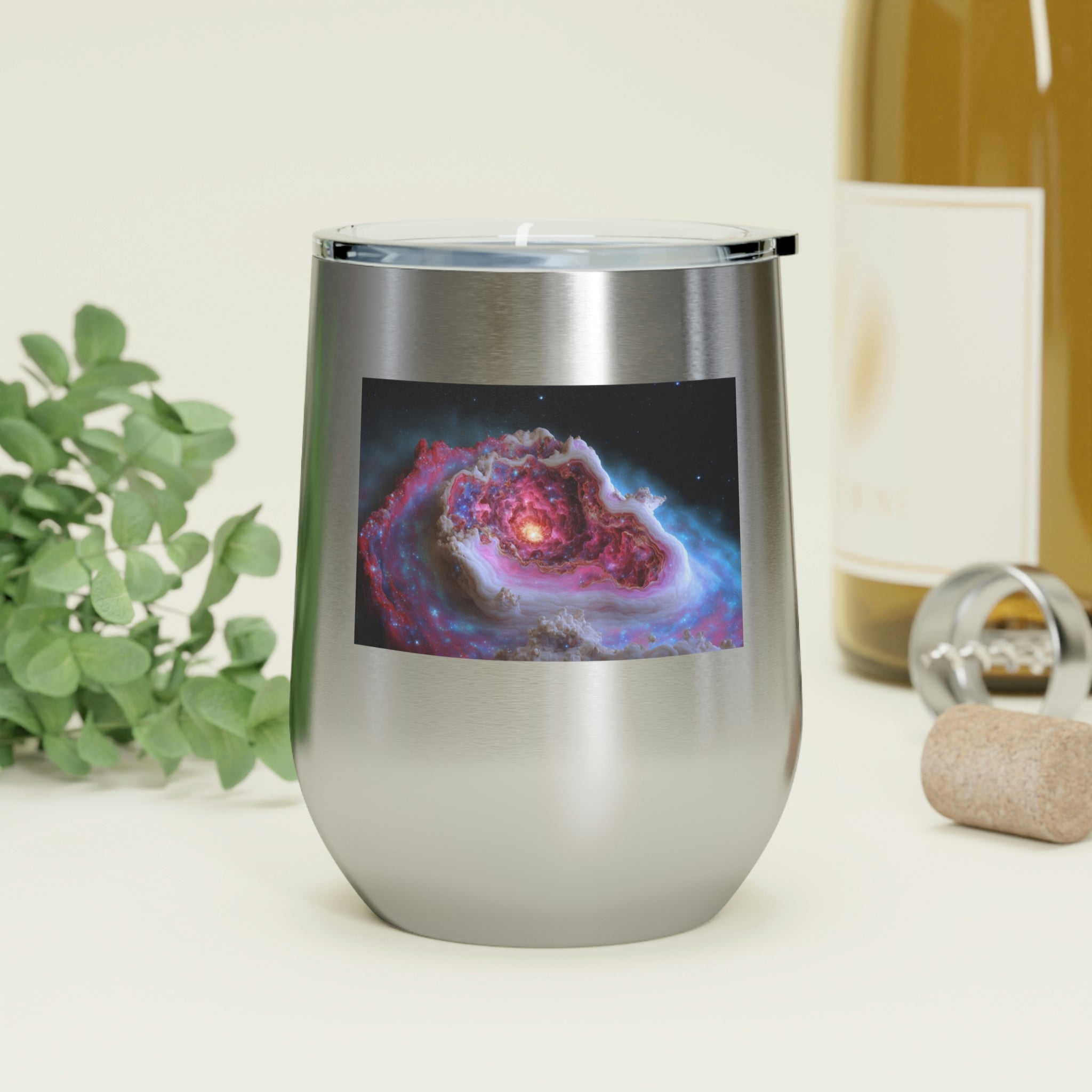 Galaxy Effects Wine Tumbler with a stunning galaxy design, featuring a clear plastic lid and double-wall insulation.