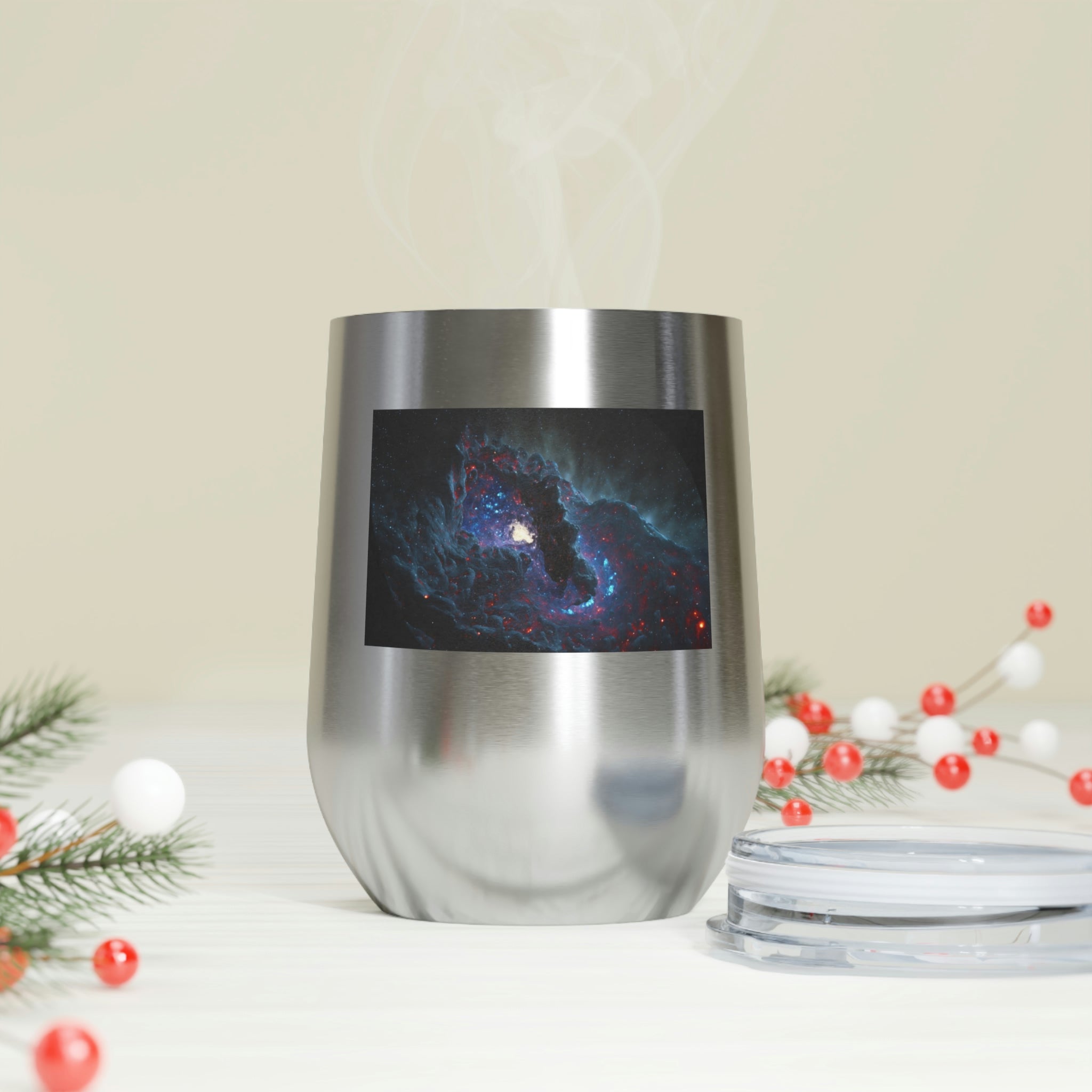 Galaxy Effects Wine Tumbler with a vibrant galaxy design, featuring a clear plastic lid and double-wall insulation.