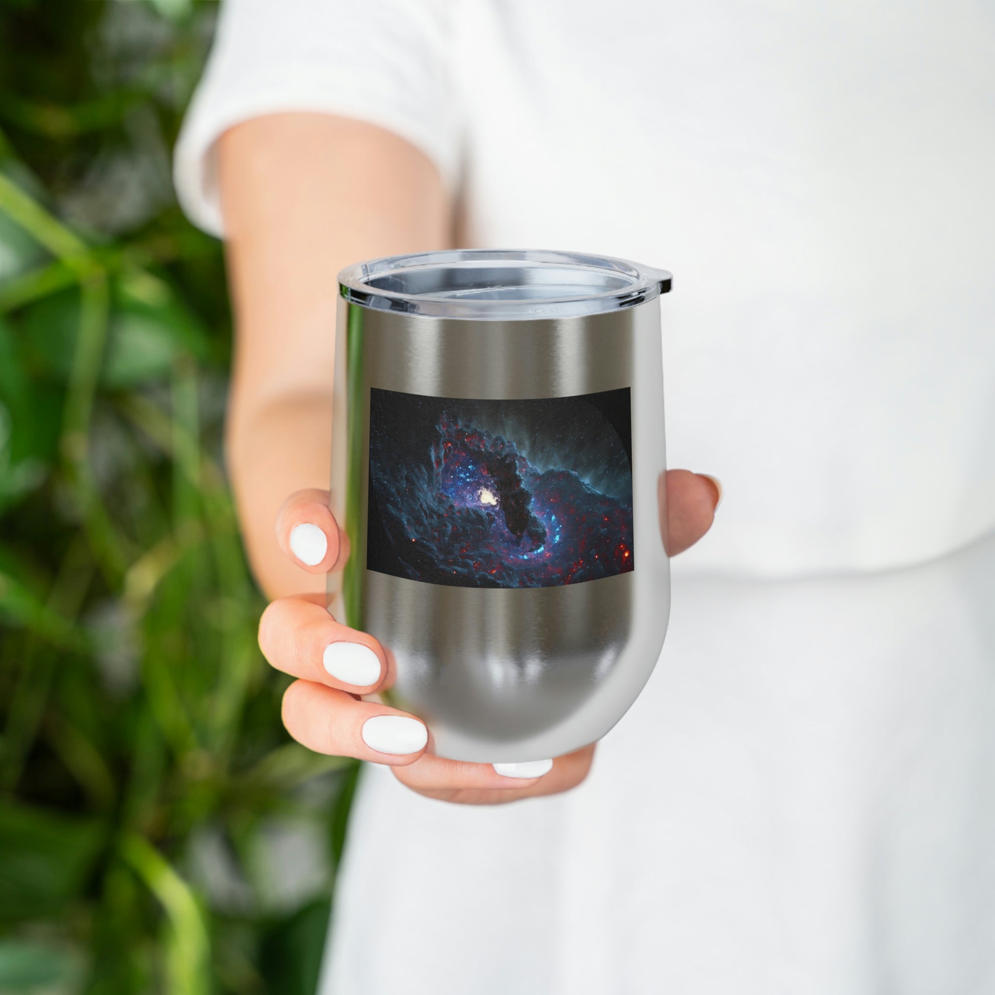 Galaxy Effects Wine Tumbler with a vibrant galaxy design, featuring a clear plastic lid and double-wall insulation.