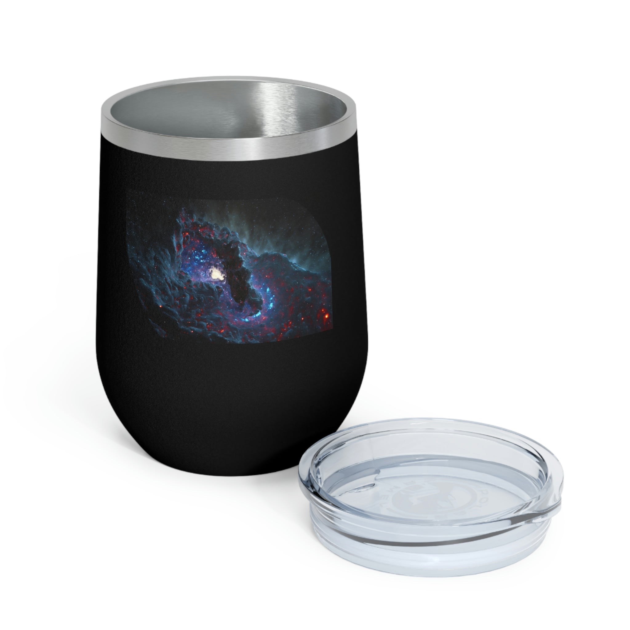 Galaxy Effects Wine Tumbler with a vibrant galaxy design, featuring a clear plastic lid and double-wall insulation.