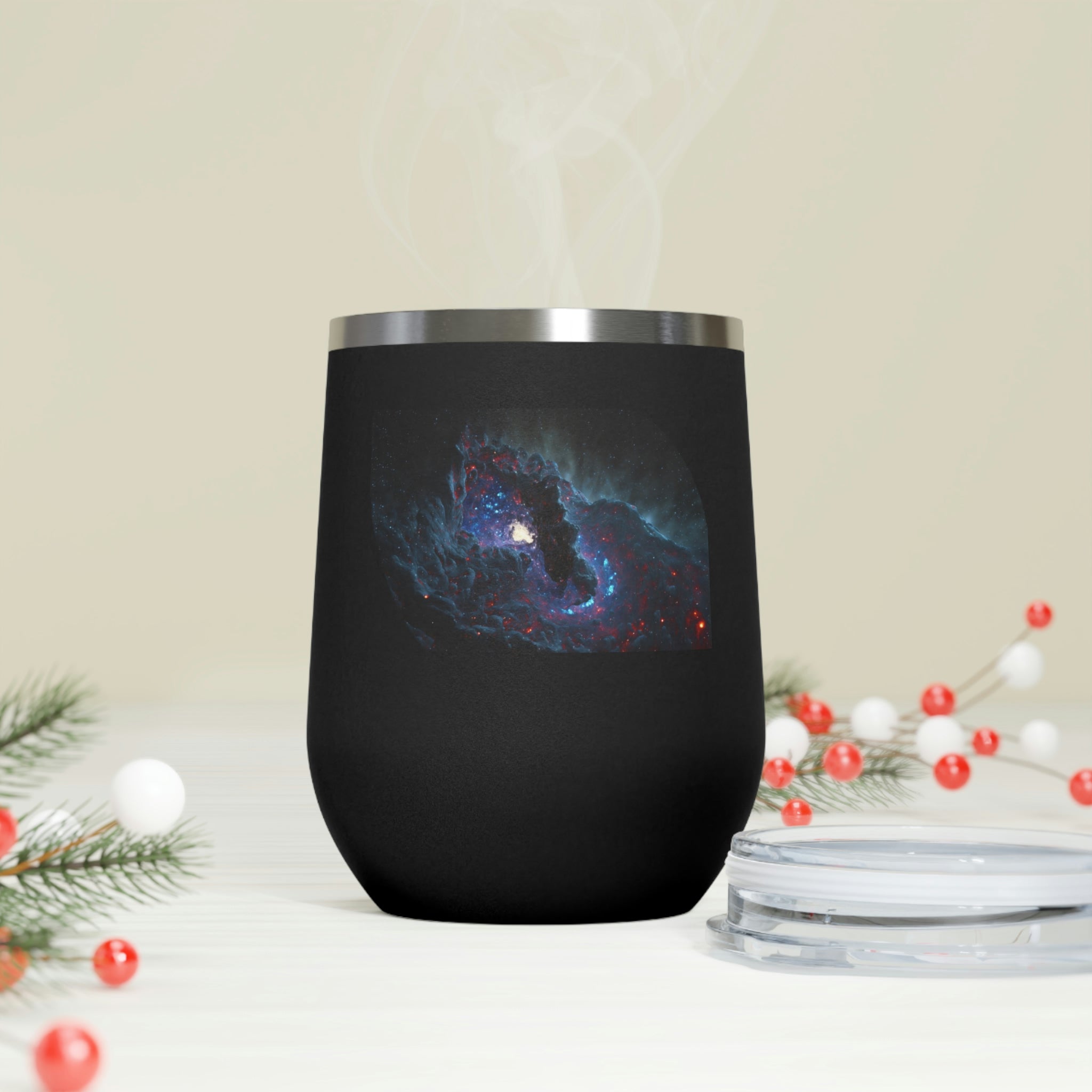 Galaxy Effects Wine Tumbler with a vibrant galaxy design, featuring a clear plastic lid and double-wall insulation.