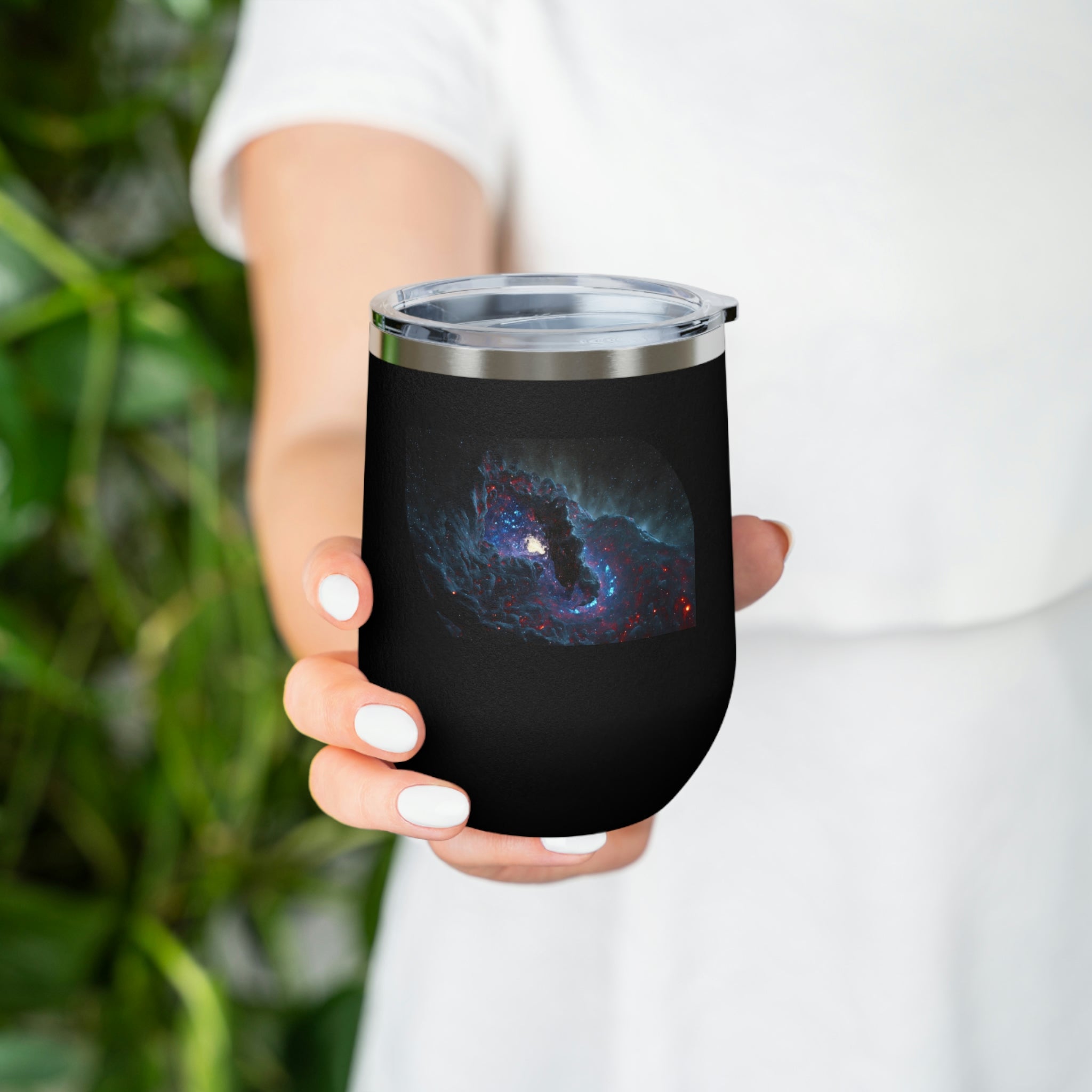 Galaxy Effects Wine Tumbler with a vibrant galaxy design, featuring a clear plastic lid and double-wall insulation.