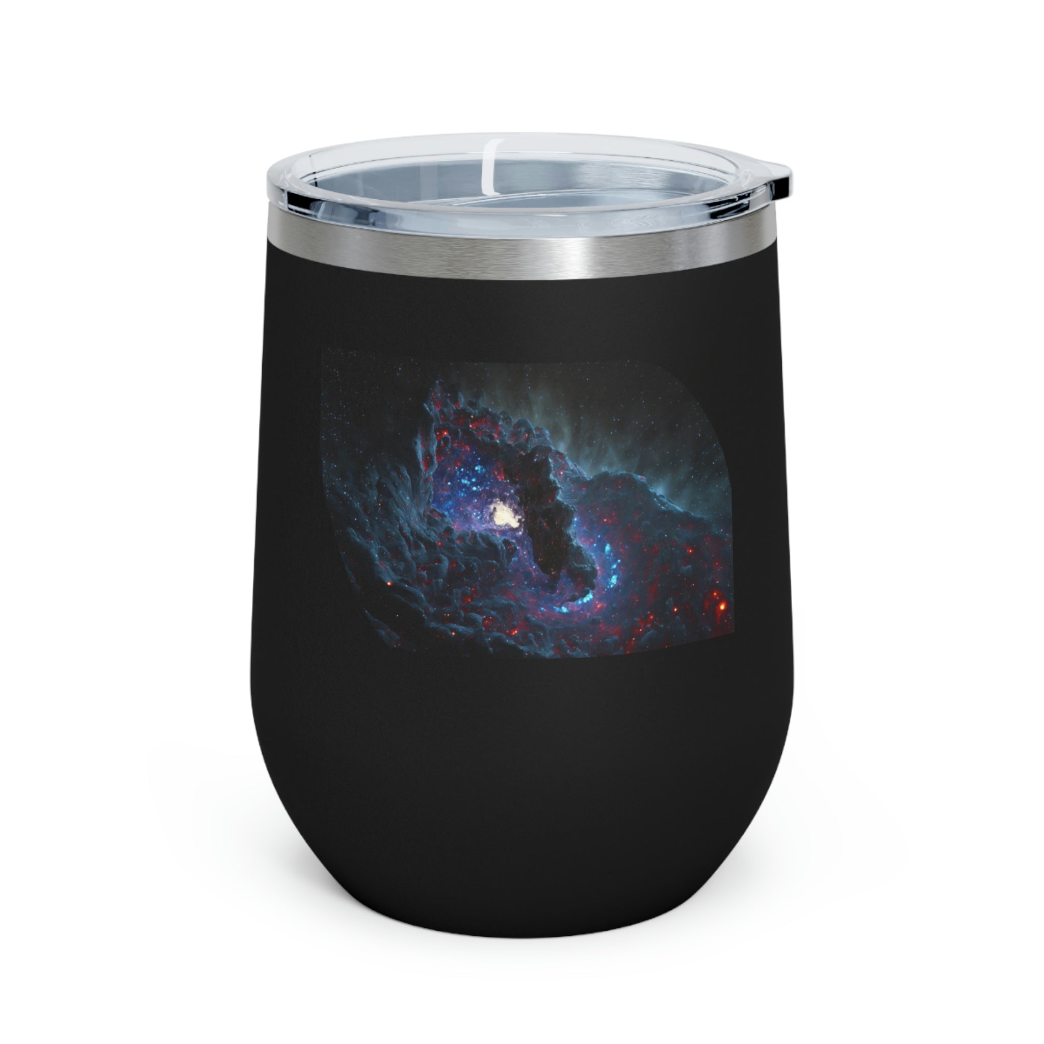 Galaxy Effects Wine Tumbler with a vibrant galaxy design, featuring a clear plastic lid and double-wall insulation.