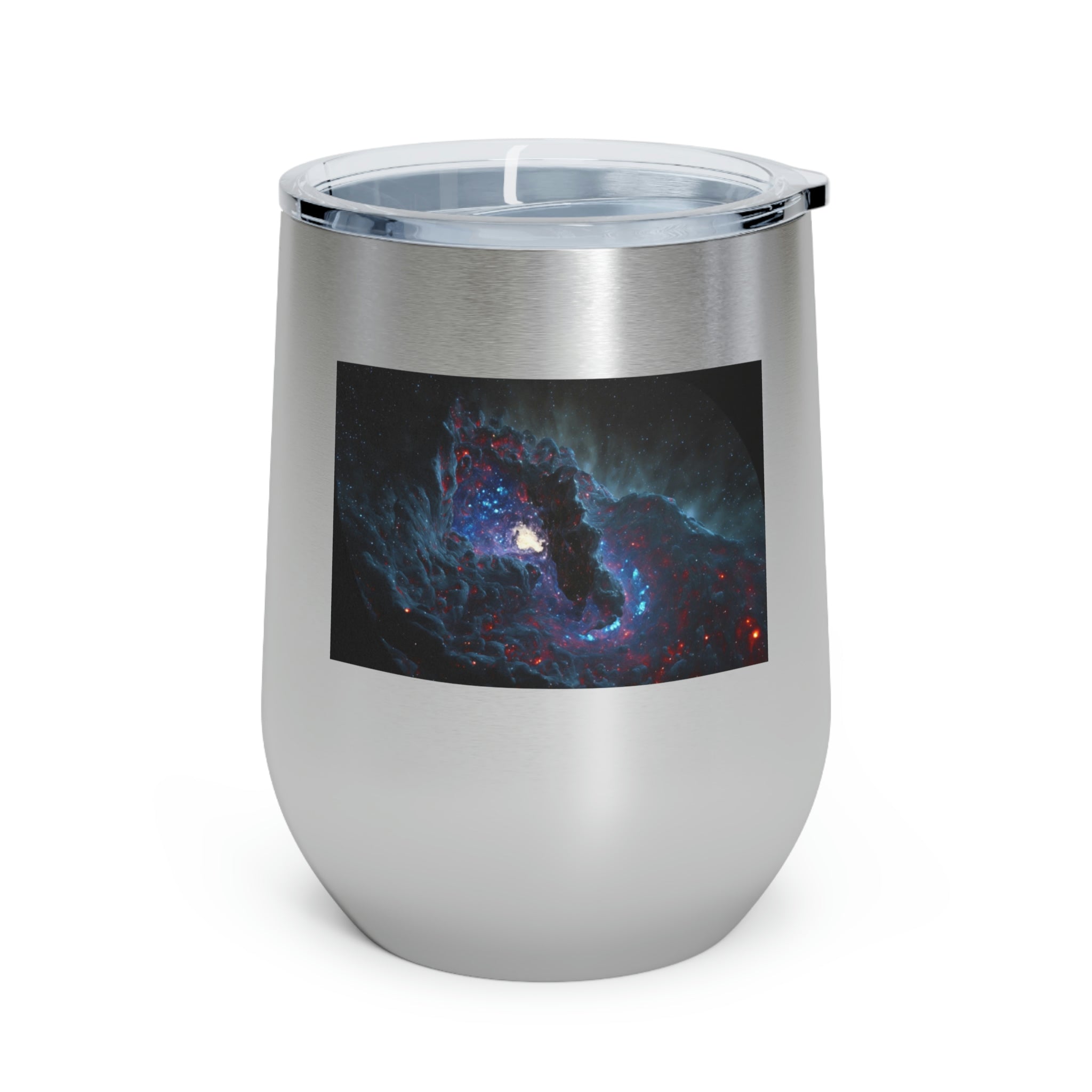 Galaxy Effects Wine Tumbler with a vibrant galaxy design, featuring a clear plastic lid and double-wall insulation.