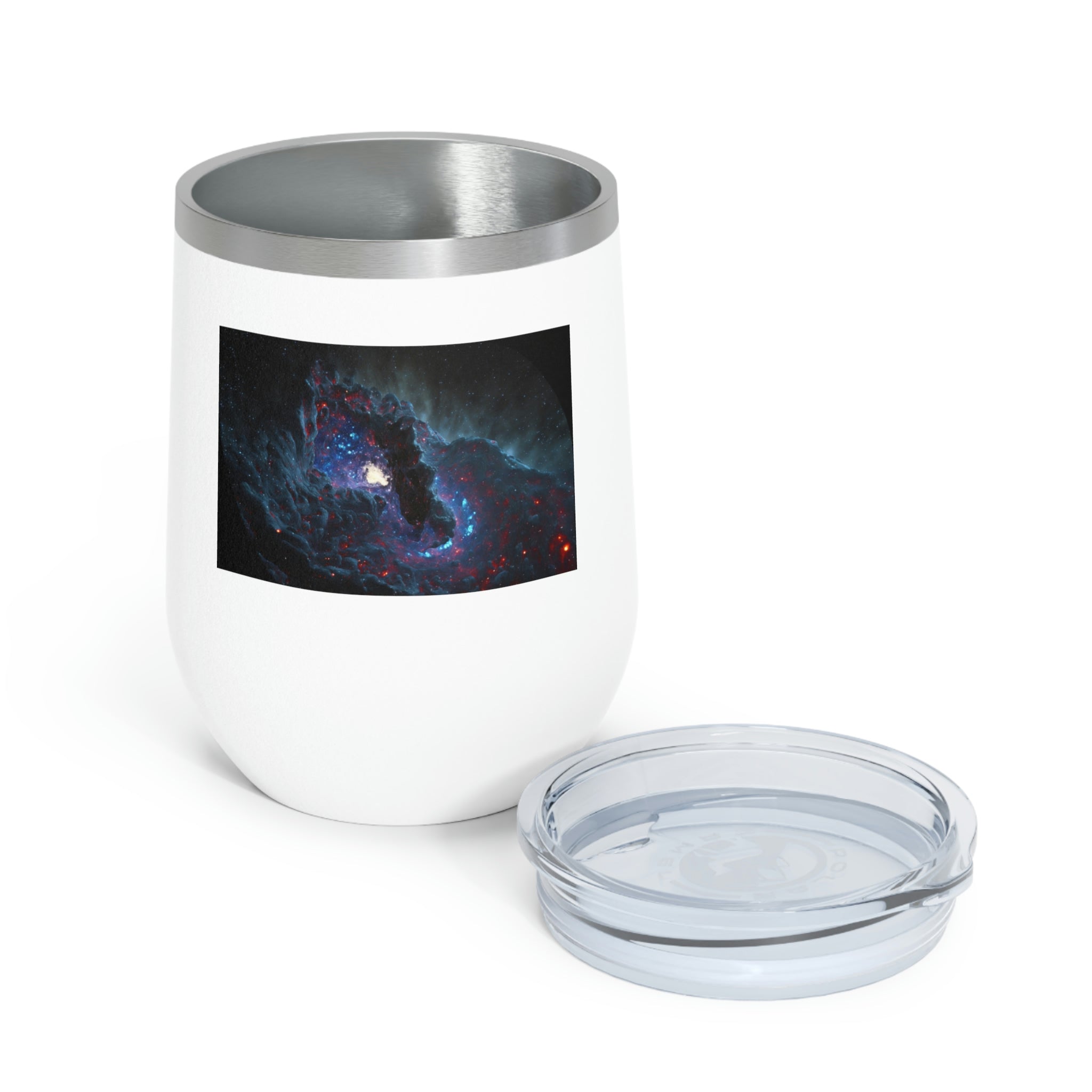 Galaxy Effects Wine Tumbler with a vibrant galaxy design, featuring a clear plastic lid and double-wall insulation.