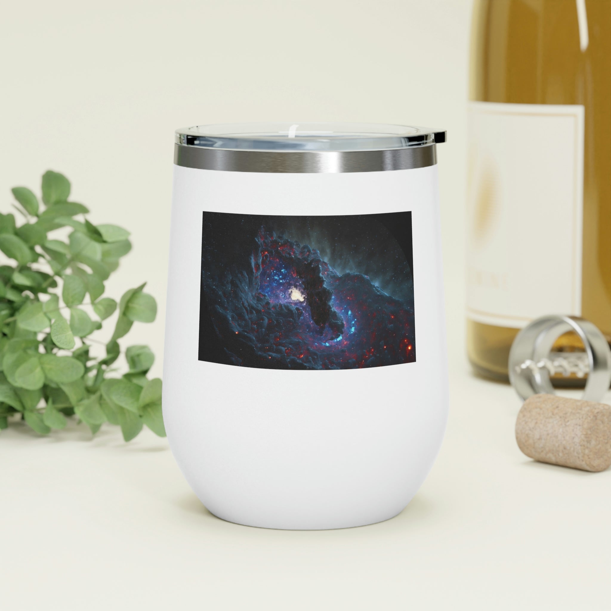 Galaxy Effects Wine Tumbler with a vibrant galaxy design, featuring a clear plastic lid and double-wall insulation.