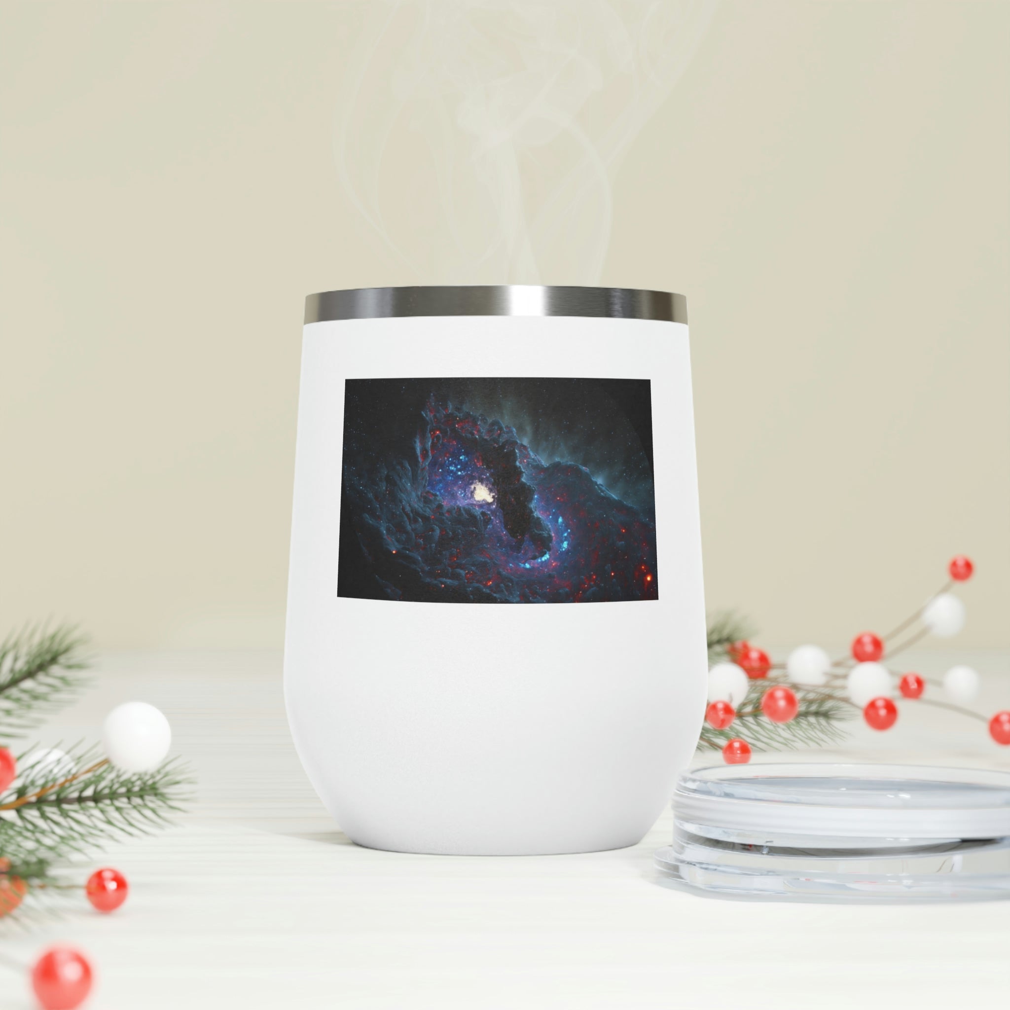 Galaxy Effects Wine Tumbler with a vibrant galaxy design, featuring a clear plastic lid and double-wall insulation.