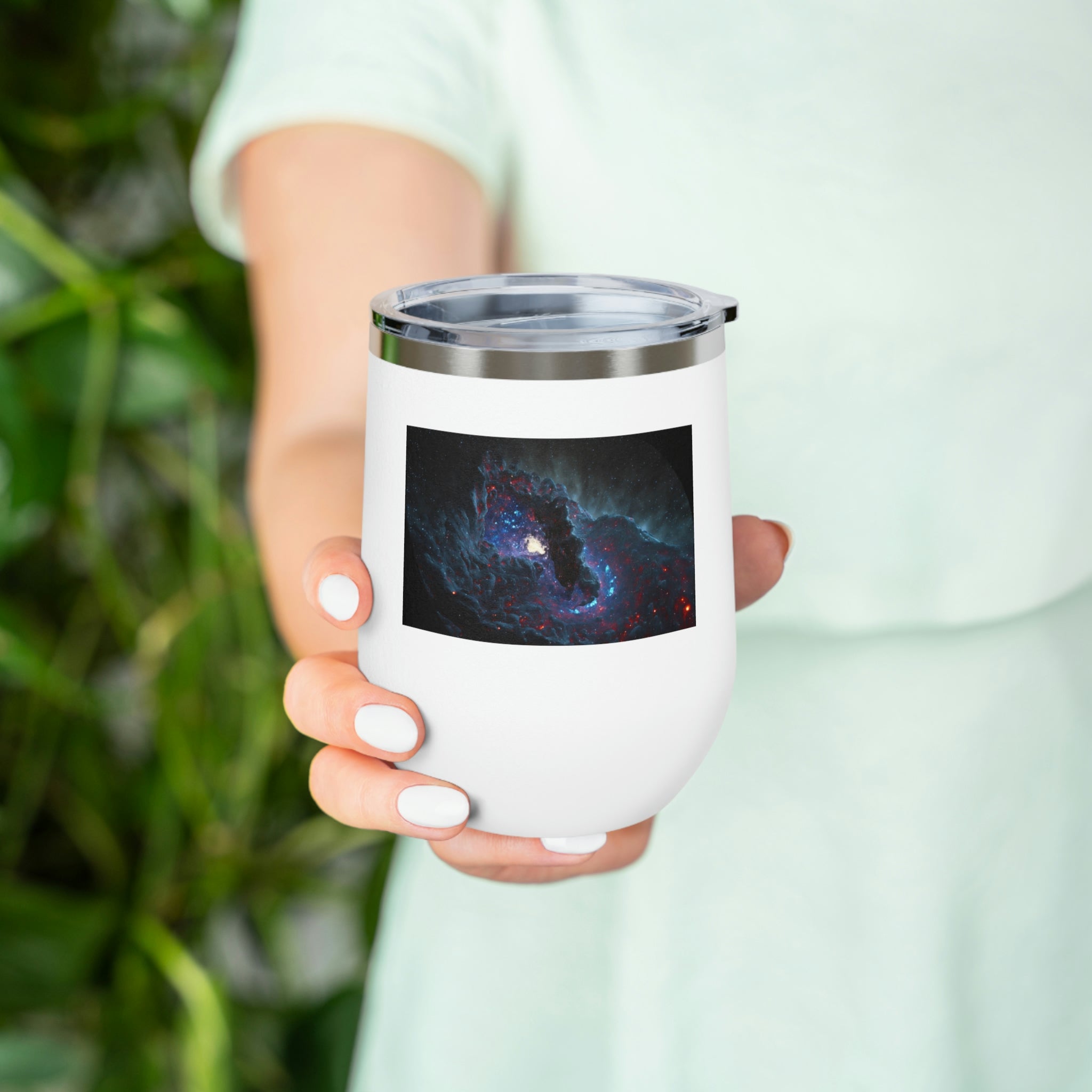 Galaxy Effects Wine Tumbler with a vibrant galaxy design, featuring a clear plastic lid and double-wall insulation.