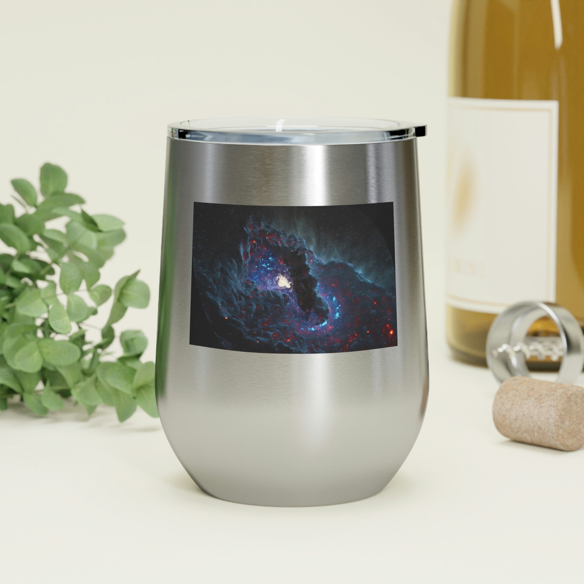 Galaxy Effects Wine Tumbler with a vibrant galaxy design, featuring a clear plastic lid and double-wall insulation.