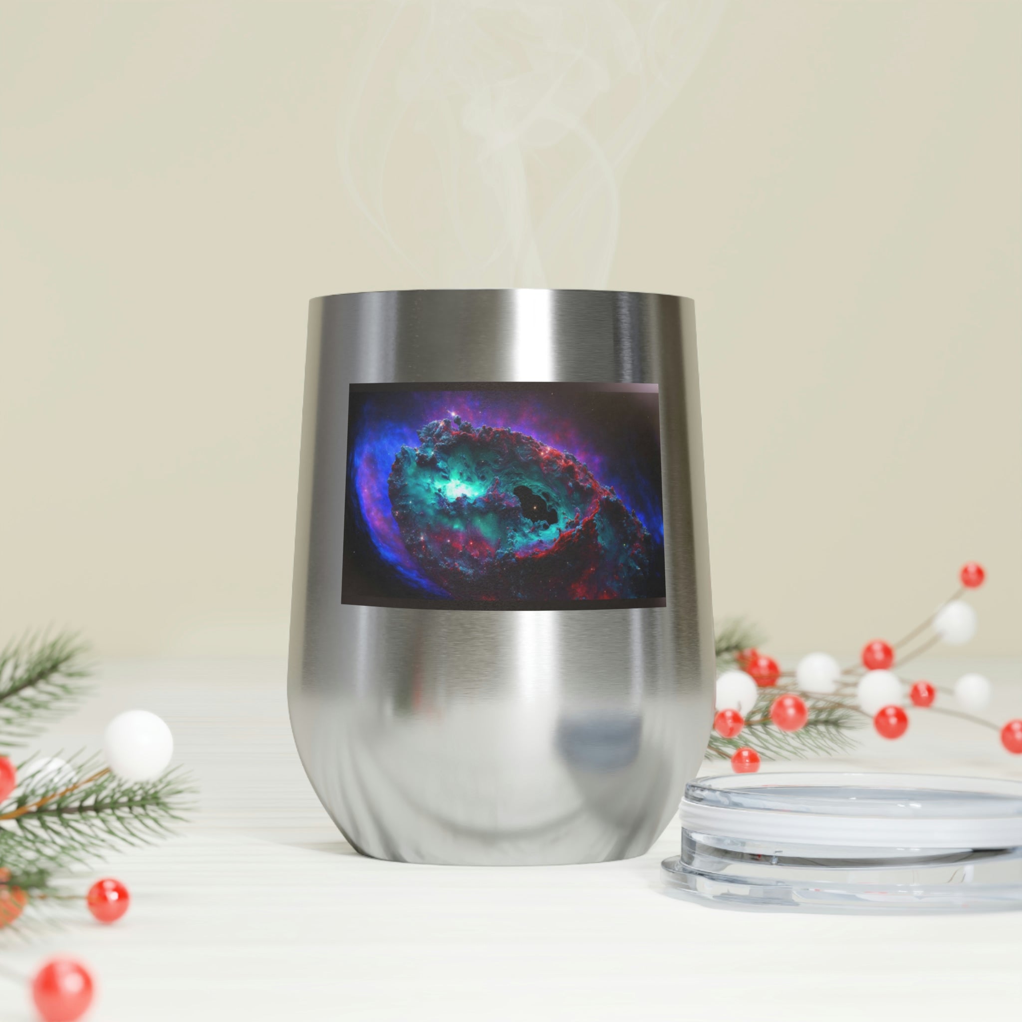 Galaxy Effects Wine Tumbler with vibrant colors and clear lid, perfect for hot and cold beverages.