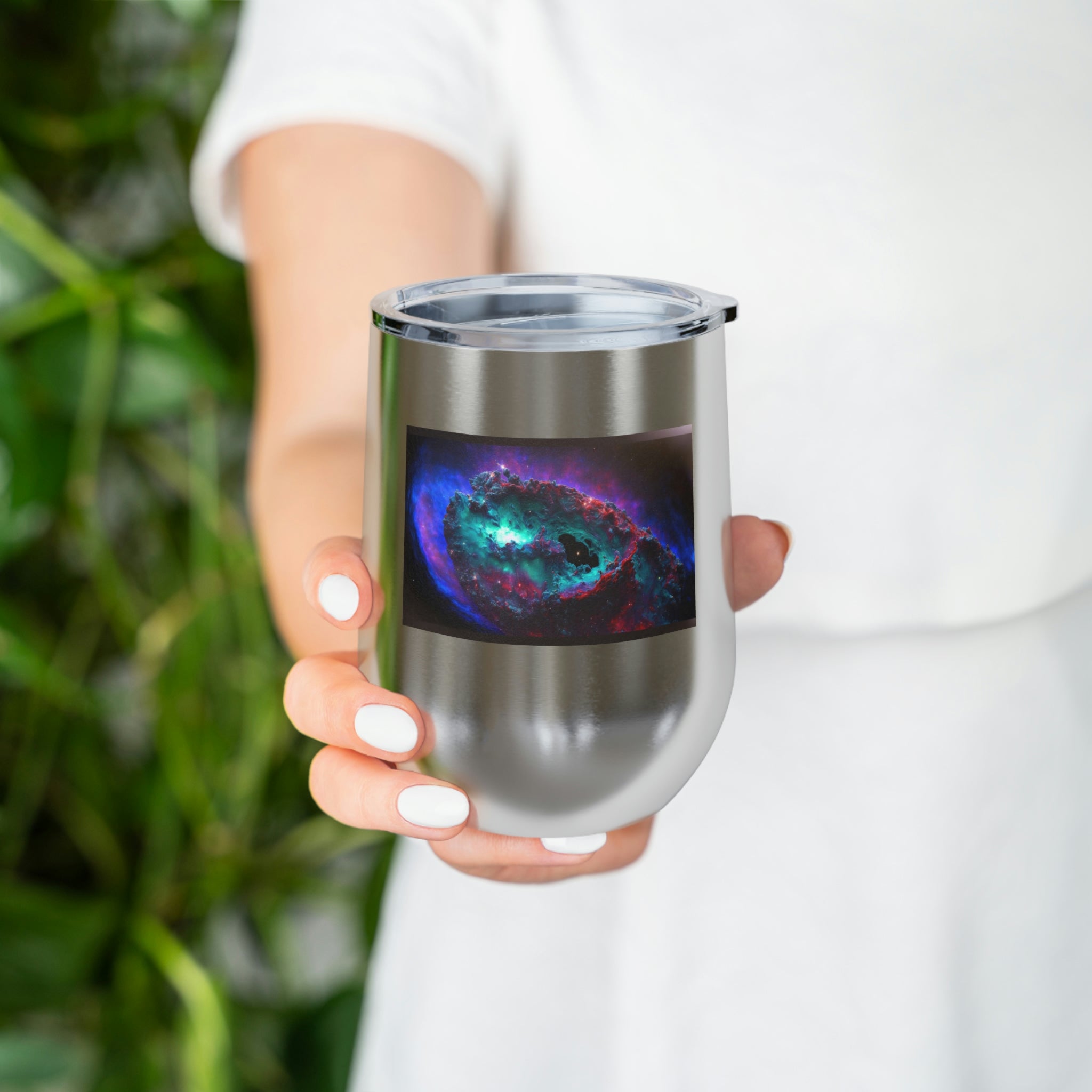 Galaxy Effects Wine Tumbler with vibrant colors and clear lid, perfect for hot and cold beverages.