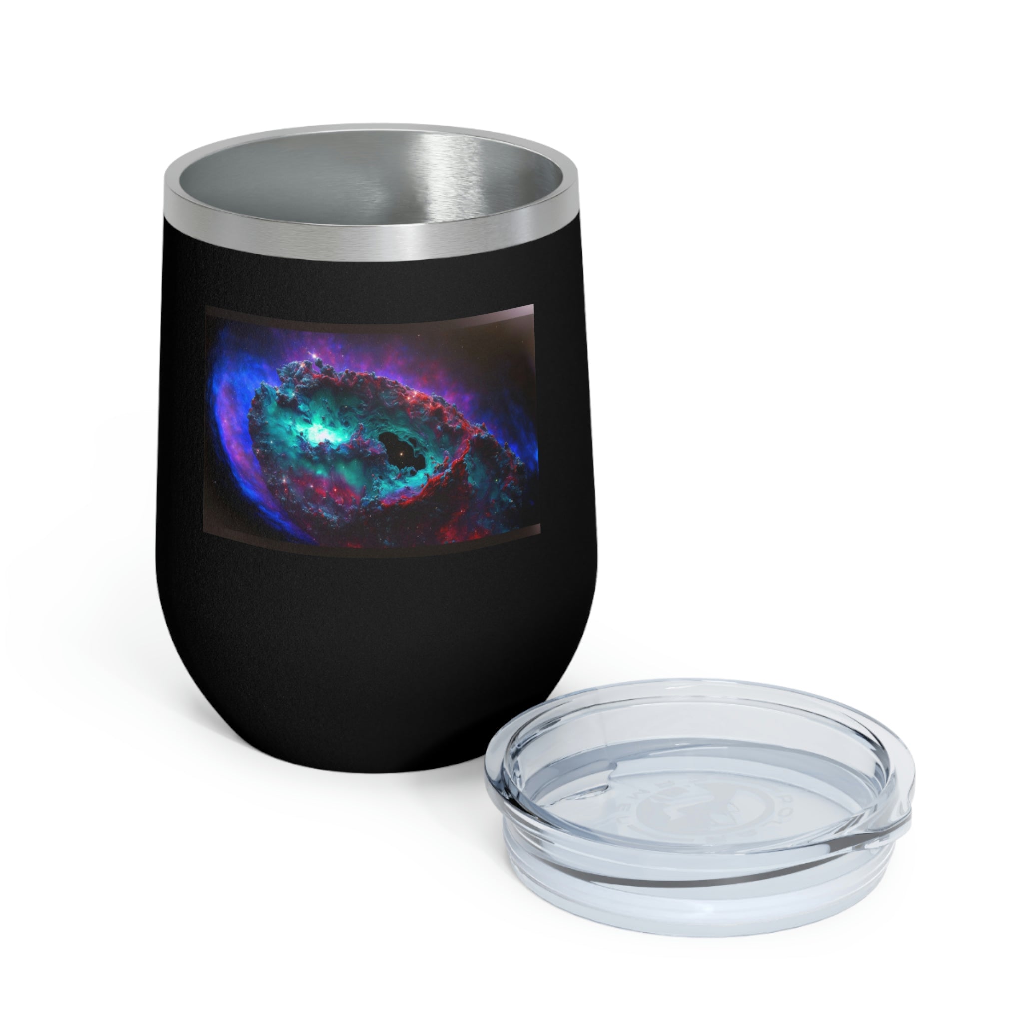 Galaxy Effects Wine Tumbler with vibrant colors and clear lid, perfect for hot and cold beverages.