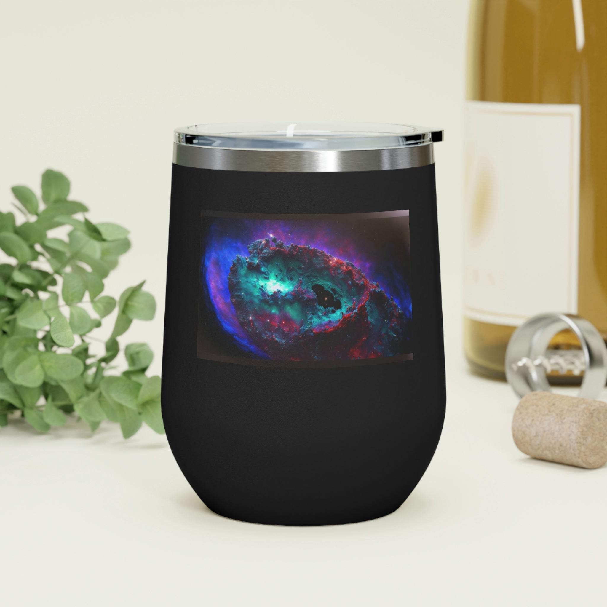 Galaxy Effects Wine Tumbler with vibrant colors and clear lid, perfect for hot and cold beverages.