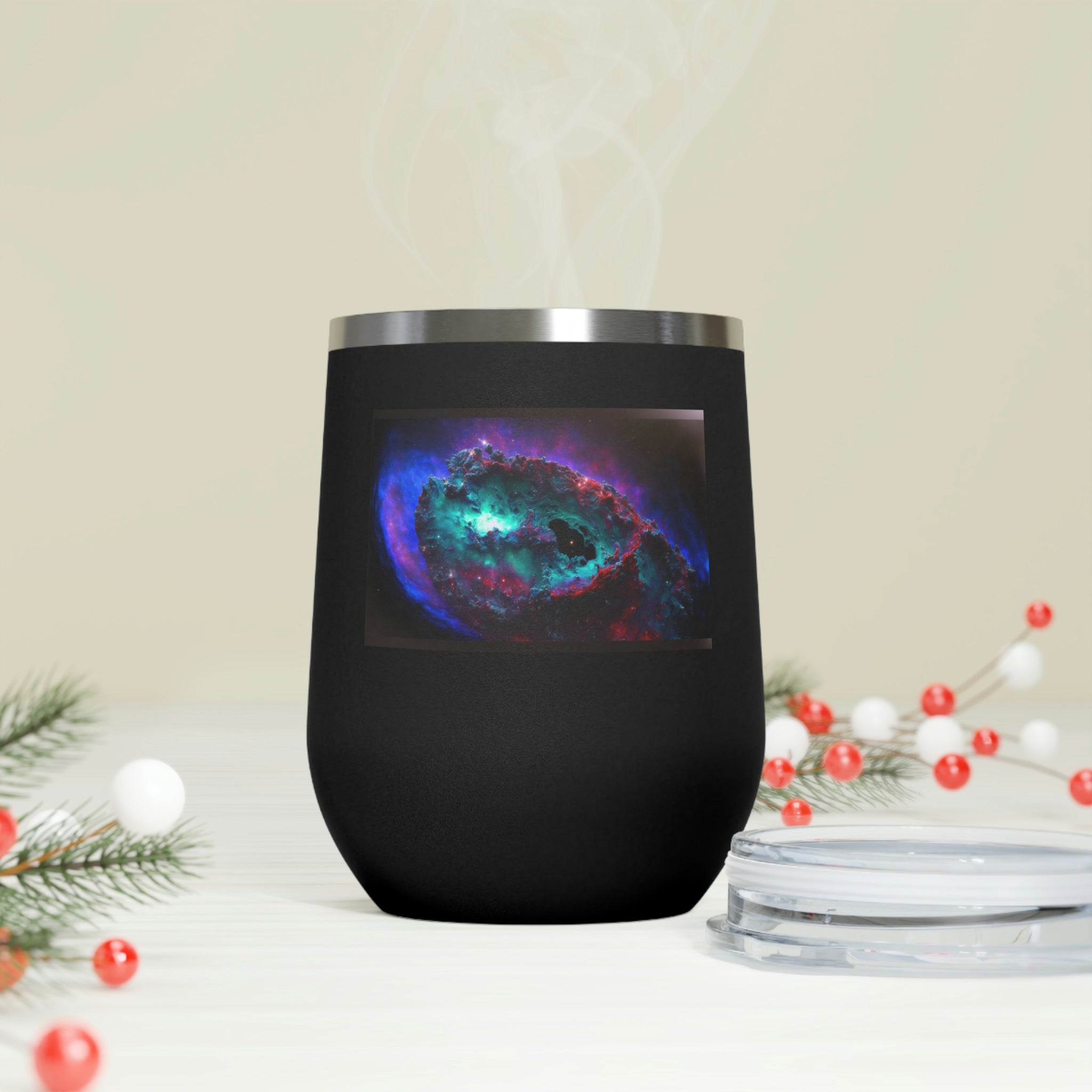 Galaxy Effects Wine Tumbler with vibrant colors and clear lid, perfect for hot and cold beverages.