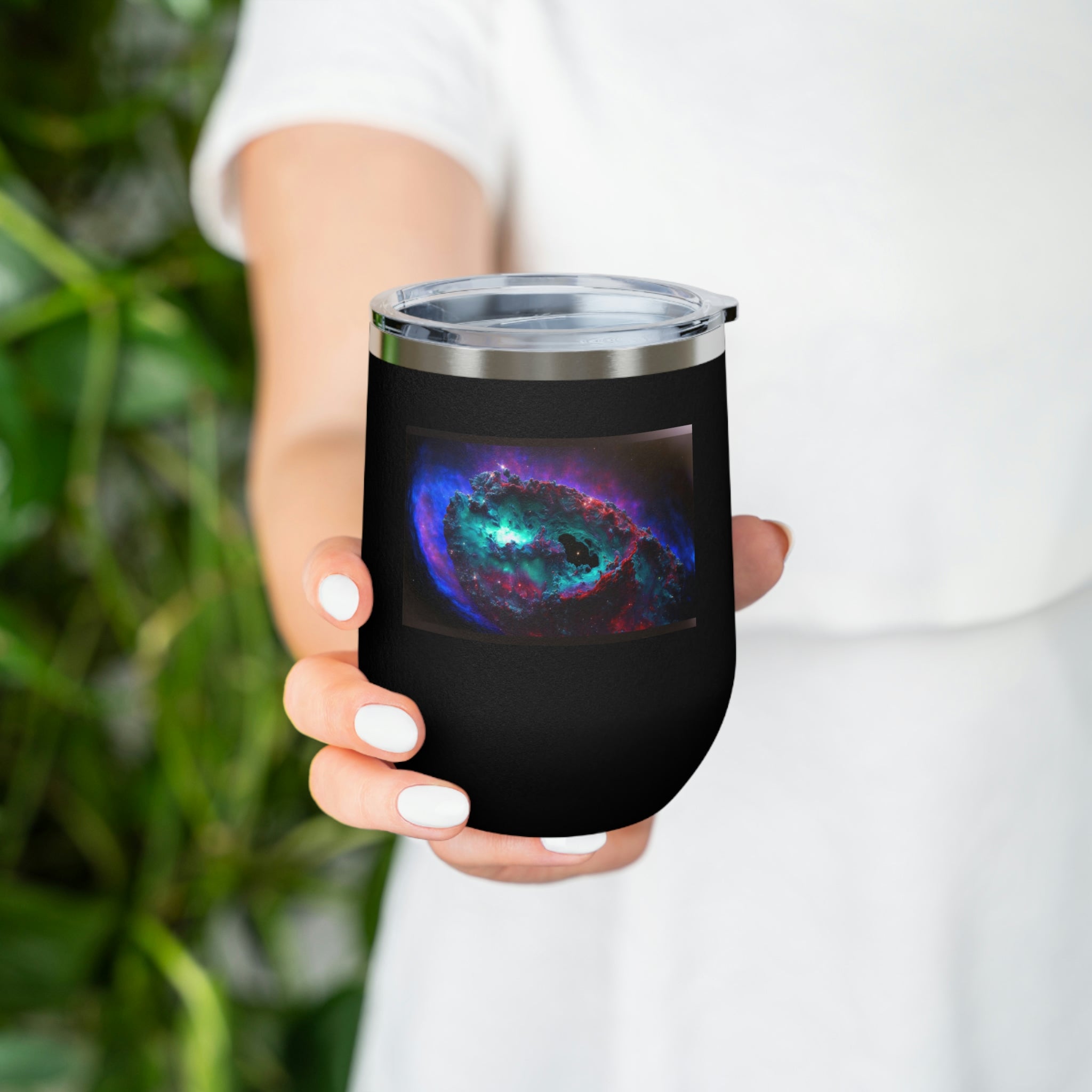 Galaxy Effects Wine Tumbler with vibrant colors and clear lid, perfect for hot and cold beverages.