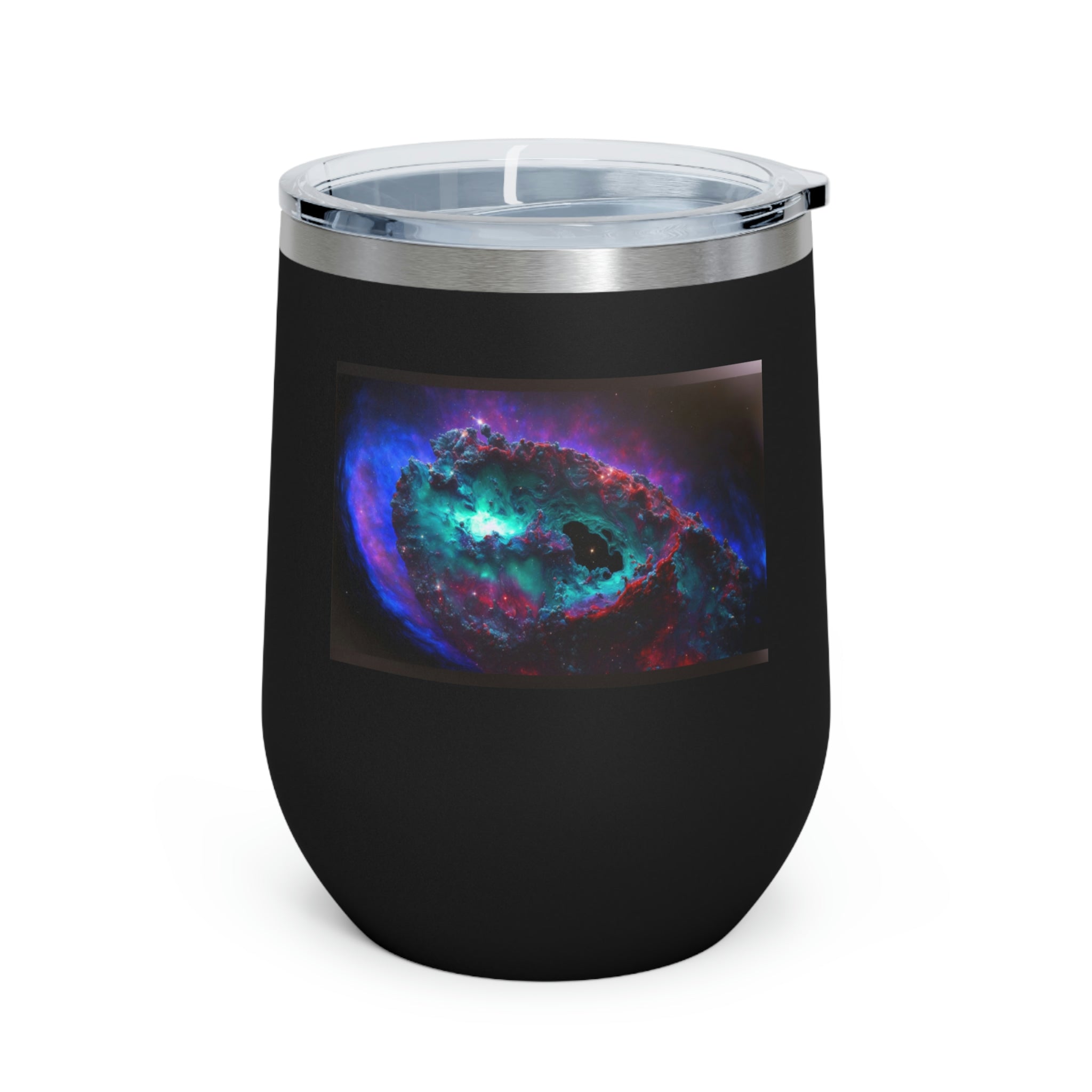 Galaxy Effects Wine Tumbler with vibrant colors and clear lid, perfect for hot and cold beverages.