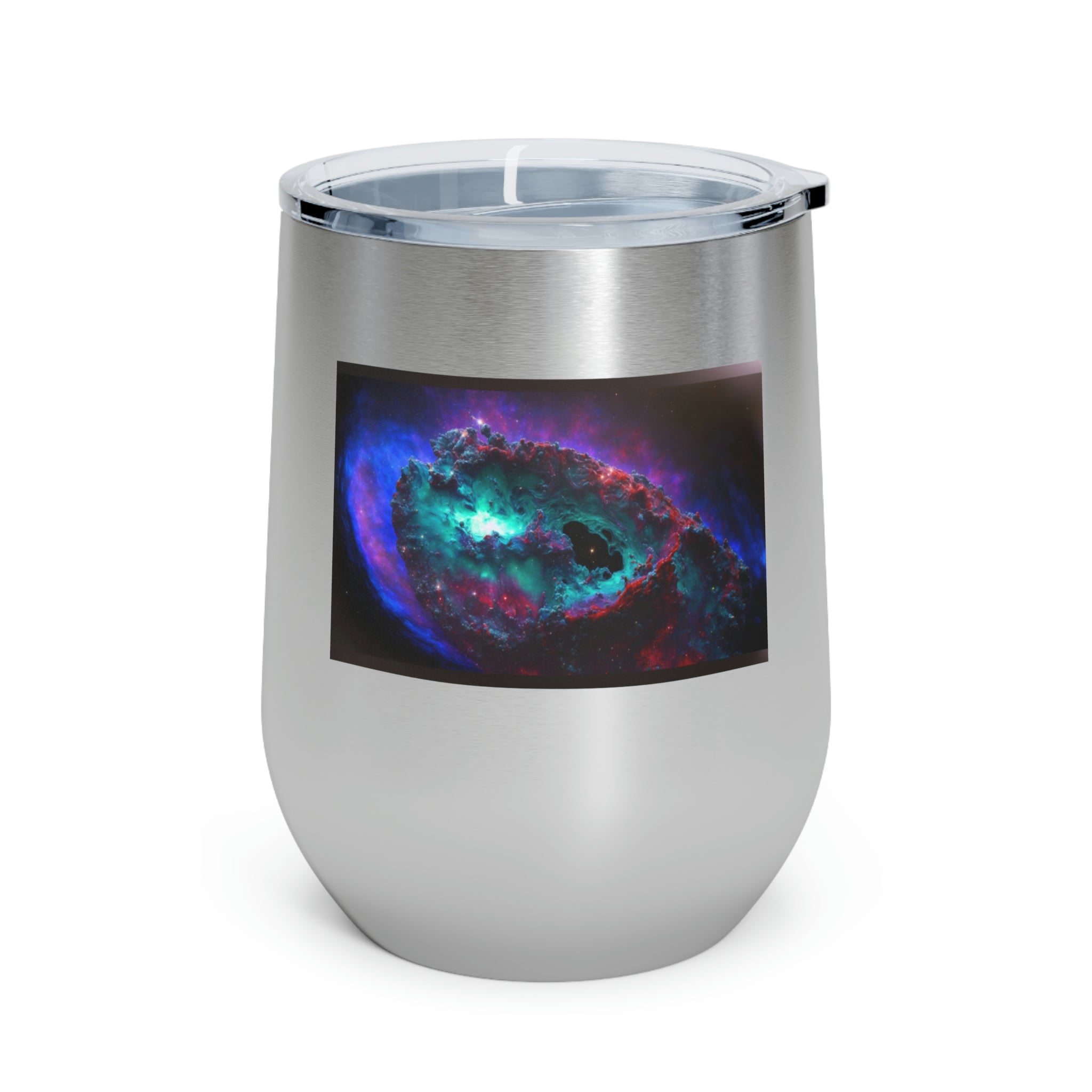 Galaxy Effects Wine Tumbler with vibrant colors and clear lid, perfect for hot and cold beverages.