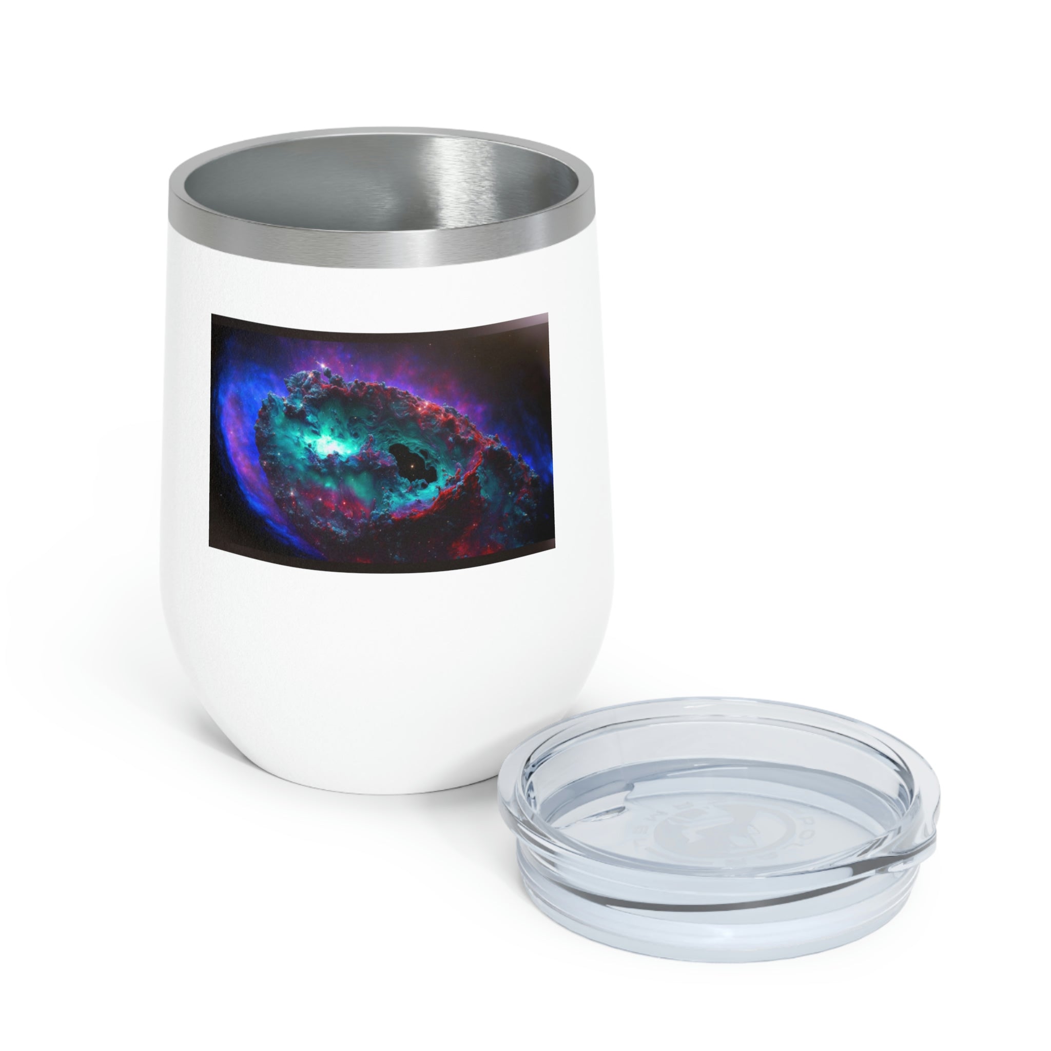 Galaxy Effects Wine Tumbler with vibrant colors and clear lid, perfect for hot and cold beverages.