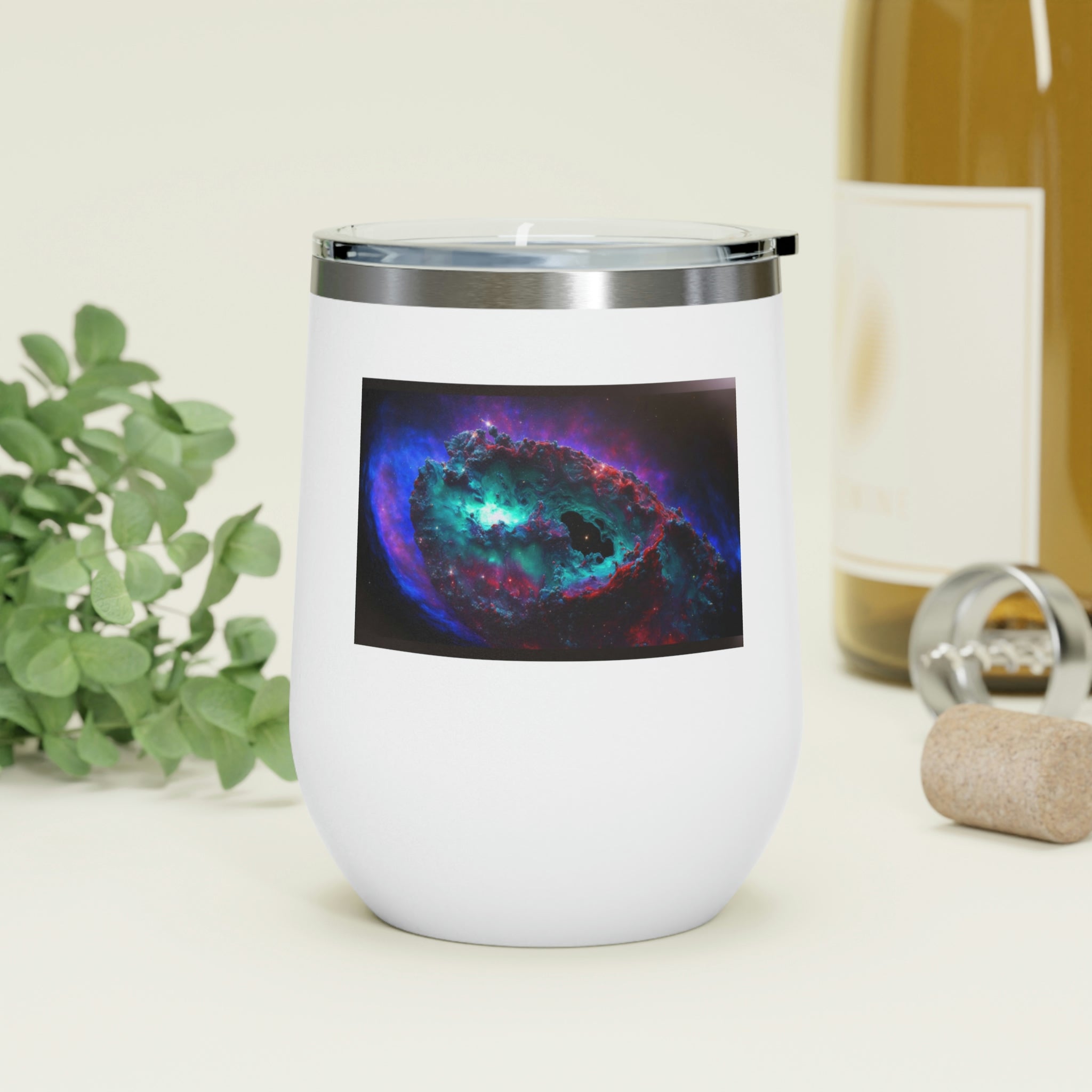 Galaxy Effects Wine Tumbler with vibrant colors and clear lid, perfect for hot and cold beverages.